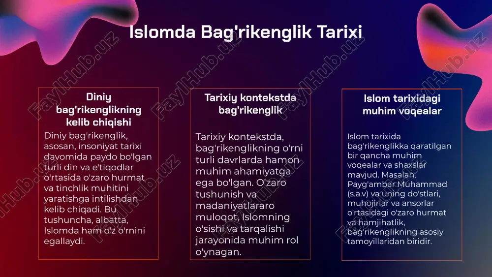 k kelib chiqmasligi uchun har kim oʻz diniy kitobidan dalil keltirmasa, boʻldi”, – degan ekan. bu kabi misollarni islom tarixidan juda koʻplab keltirish mumkin. islomning bosh manbalarida taʼkidlangan hamda muhammad sollallohu alayhi va sallam tomonidan qanday amal qilinishi ifoda etilgan koʻrsatmalar bugungi kunda ham davom etib kelmoqda. diniy bag'rikenglik va ta'lim alloh taolo marhamat qiladi: “…ezgulik va taqvo (yoʻli)da hamkorlik qilingiz, gunoh va adovat (yoʻli)da hamkorlik qilmangiz! allohdan qoʻrqingiz! albatta, alloh azobi qattiq zotdir”. (moida surasi, 2-oyat). “ankabut” surasi 46-oyatida esa: “(ey, moʻminlar!) sizlar ahli kitoblar bilan faqat eng chiroyli uslubda munozara qilingiz, illo ularning orasidagi zulm (tajovuz) qilganlar bundan mustasnodirlar…”, deyilgan. demak, qurʼoni karim musulmon mamlakatlarida boshqa dinlarga nisbatan munosabat va diniy eʼtiqod erkinliklari masalalarida asosiy manba boʻlib xizmat qilgan. shunday ekan, bundan islomning boshqa diniy eʼtiqoddagi kishilarga nisbatan insonparvar, adolatparvar ekanini koʻrishimiz mumkin. diniy bag'rikenglik va ijtimoiy tarmoq islom dini oʻzga din vakillari bilan boʻladigan kundalik aloqalarga alohida …