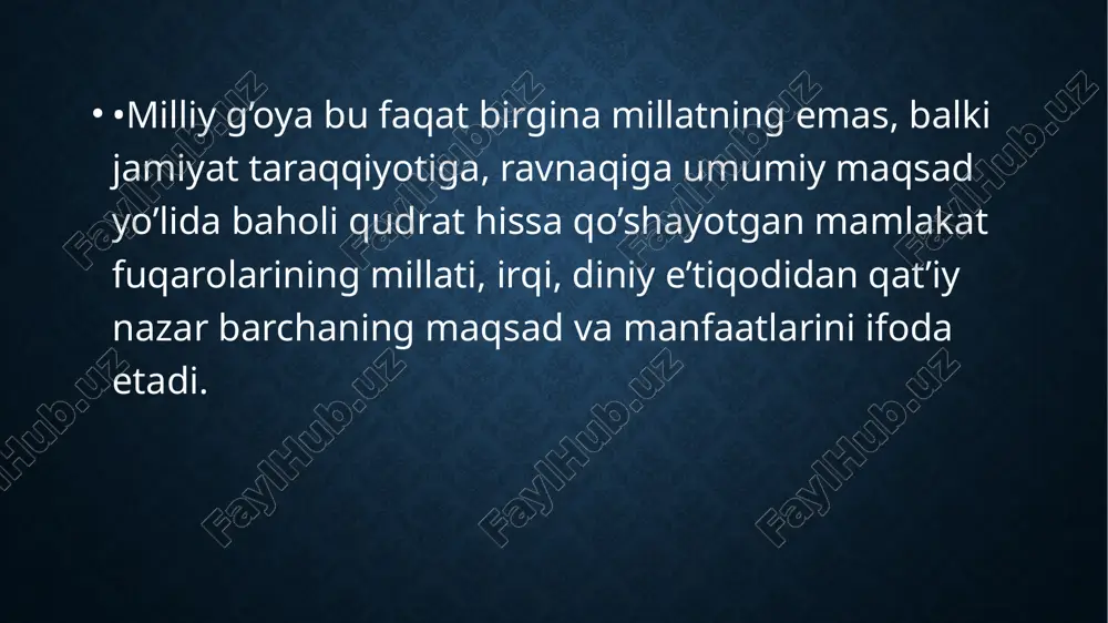 ti, dini ijtimoiy kelib chiqishi, e’tiqodi, shaxsi va ijtimoiy mavqeidan qat’iy nazar, qonun oldida tengdirlar. dastlabki milliy madaniyat markazlari koreyslar, qozoqlar, yaxudiylar, armanlar tomonidan respublika viloyatlarida 1989 yilda tuzildi. o’sha paytda ularning faoliyatini muvofiqlashtirib turish maqsadida o’zbekiston hukumatining qaroriga binoan madaniyat ishlari vazirligi huzurida respublika millatlararo madaniyat markazi tashkil etildi. ammo bu markazlarning chinakam rivojlanishi va ravnaq topishi 1991 yildan mamlakatimiz mustaqillikka erishgandan keyin boshlandi. 1992 yilning yanvarida prezident i.a.karimovning tashabbusi bilan respublika millatlararo baynalminal markazi respublika baynalminal, madaniyat ishlari vazirligi qoshidagi madaniyat markaziga aylantirildi. respublika baynalminal madaniyat markazi (rbmm) va milliy madaniyat markazlari (mmm)ning faoliyati bu erda yashovchi xalqlarning milliy an’analari, urf odatlari va marosimlarini qayta tiklash, ma’naviyat va madaniyatni rivojlantirish millatlararo munosabatlarni uyg’unlashtirishga qaratilgan. turli millatlarga mansub fuqarolarimizning katta umumxalq bayramlariga tayyorgarlik ko’rish va ularni o’tkazish, mamlakat madaniy turmushidagi shonli voqealarni nishonlashda faol ishtirok etayotganliklari samimiy sahovat va mehr oqibat muxitini yaratmoqda. bu muhit bizga yagona oila tuyg’usini …