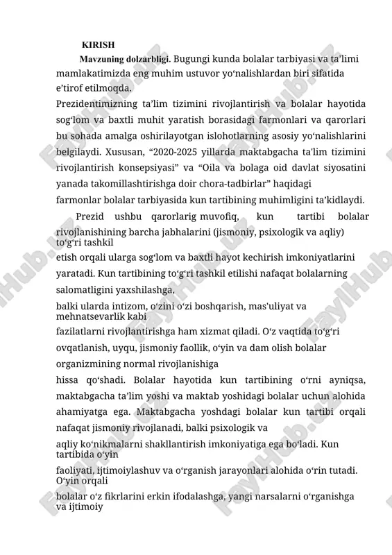 a, bolalarning psixologik salomatligini yaxshilaydi, ularni ruhiy jihatdan mustahkam va ijobiy shaxs sifatida shakllantiradi. mavzuning dolzarbligi shundan iboratki, bolalar uchun kun tartibining to‘g‘ri tashkil etilishi ularda intizom, mas'uliyat va sog‘lom turmush tarzini shakllantirishga yordam beradi. kun tartibi nafaqat bolalar rivojlanishiga, balki ularning ijtimoiylashish jarayoniga ham bevosita ta’sir ko‘rsatadi. shu sababli, kurs ishida bolaning hayotidagi kun tartibi va uning ahamiyati, shuningdek, kun tartibini shakllantirishda ota-onalar va tarbiyachilarning roli, ta’lim tashkilotlarining o‘rni tahlil qilinadi. kun tartibi bolalarning sog‘lom va baxtli hayot kechirishlarini ta’minlaydigan muhim vositadir. ota-onalar va ta’lim tashkilotlari bu boradagi mas'uliyatni to‘liq his qilib, bolalarga sog‘lom, baxtli va muvaffaqiyatli hayot uchun zaruriy asoslarni yaratishlari kerak. kun tartibini to‘g‘ri tashkil etish, shuningdek, bolaning ijtimoiy va axloqiy qadriyatlarini rivojlantirishga xizmat qiladi. kurs ishining obyekti:bola hayotida kun tartibining ahamiyati va uning rivojlanishiga ta’sirini o‘rganish, shuningdek, kun tartibini to‘g‘ri tashkil etish orqali bolalarning sog‘lom va baxtli hayot kechirishlarini ta’minlash jarayoni. kurs ishining predmeti: uyqu, ovqatlanish, …