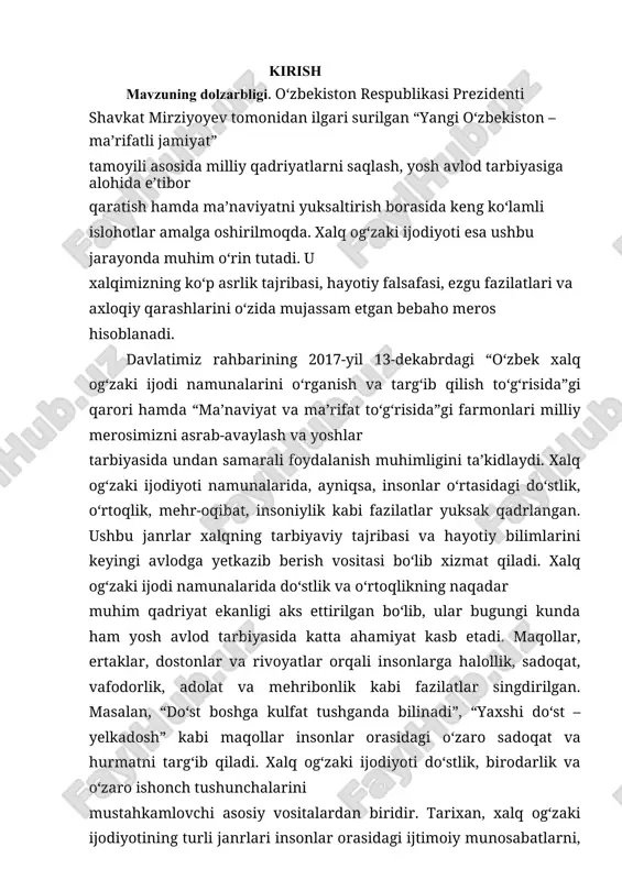 rtaklari ham do‘stlik va o‘rtoqlik g‘oyalarini bolalar ongiga singdirishda muhim rol o‘ynaydi. ertaklar orqali bolalar o‘zaro yordam, birodarlik va mehr-oqibatning qadriga yetishni o‘rganadilar. “do‘stlik – eng katta boylik” mazmunidagi ertaklar va hikoyalar bolalarni jamiyatda ijobiy fazilatlar bilan tarbiyalashga xizmat qiladi. shu bilan birga, xalq latifalari va qo‘shiqlari ham do‘stlikning turli jihatlarini aks ettiradi. latifalar ko‘pincha hazil bilan bezatilgan bo‘lsa-da, ularning tagida chuqur tarbiyaviy ma’no yotadi. xalq qo‘shiqlarida esa do‘stlik va o‘rtoqlik motivlari insonlarning hayotiy tajribalaridan kelib chiqib, samimiy ifodalangan. bugungi kunda ham xalq og‘zaki ijodiyotining tarbiyaviy ahamiyati o‘z dolzarbligini yo‘qotmagan. zamonaviy ta’lim tizimida bolalarni do‘stlik va o‘rtoqlik ruhida tarbiyalashda xalq ijodi namunalaridan keng foydalanish maqsadga muvofiqdir. shuningdek, milliy qadriyatlarni yosh avlod ongiga singdirish jarayonida xalq og‘zaki ijodi asosiy vositalardan biri bo‘lib xizmat qilishi mumkin. mazkur kurs ishida xalq og‘zaki ijodiyotida do‘stlik va o‘rtoqlik tarbiyasining o‘rni, uning turli janrlardagi talqini, tarbiyaviy ahamiyati va yoshlar ongiga ta’siri keng yoritiladi. shuningdek, xalq og‘zaki …