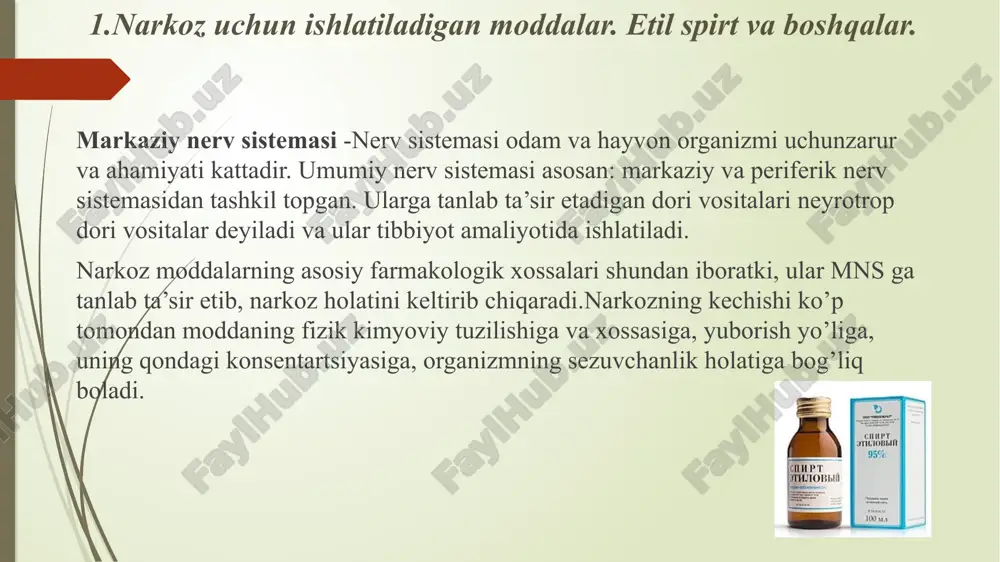 ‘lla- niladi. azot (i) oksidi rangsiz, havodan og‘irroq, suvda eruvchan gaz, xirurgik narkoz holati qo‘zg‘alish davrisiz boshlanadi. buning uchun azot (i) oksidi kislorod bilan birga (70—80% azot (i) oksidi, 20—30% kislorod) maxsus narkoz mosla- malari yordamida, asosan, nafas yo‘li — traxeyaga mutaxas- sislar (anesteziolog) tomonidan yuboriladi. narkoz tez boshla- nib, asoratlar deyarli kuzatilmaydi. lekin narkoz holati uncha chuqur bo‘lmagani sababli tana mushaklarining tonusi qisman saqlanadi. narkoz tugagach, 10—15 daqiqada azot (i) oksidi nafas yo‘llari orqali chiqib ketadi va uning qondagi konsentra- tsiyasi kamayib, uyg‘onish boshlanadi. azot (i) oksidi ko‘pincha, yuqorida aytilganidek, boshqa narkoz moddalari bilan birga jarrohlik amaliyotida (ginekologiya, urologiya, travmatologiya va b.) va ayrim kasalliklarda og‘riqni qoldirish maqsadida qo‘llaniladi. 2.talvasaga qarshi moddalar. ularning tasnifi, epilepsiyaga qarshi vositalar. bu gururhga harakat markazlarini tormozlovchi, tutqanoq va parkinsonizmga qarshi ishlatiladigan dori preparatlari kiradi. bosh miyya harakat markazining turli sabablarga ko’ra(tutqanoq, qoqshol, yallig’lanish, zaharlanish) faoliyatining oshishi va talvasa tutishi bilan namoyon bo’ladi. tutqanoqqa …
