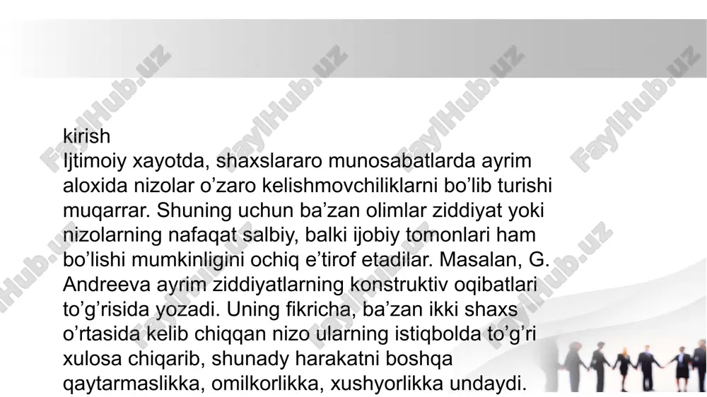 ib ko’rsatish maqsadga muvofiqdir, ya’ni: 1) konfliktni odatdagi ijtimoiy voqelik ekanligiga qat’iy ishonish. inson va jamiyat tabiatining o’ziga ko’pgina va turli konfliktli vaziyatlarni muqarrar tarzda yuzaga keltiruvchi biologik, ruhiy, ijtimoiy , siyosiy va boshqa qator omillar xosdir; 2) konfliktlar ijtimoiy taraqqiyot jarayonida qator ijobiy funktsiyalarni bajaradilar. ular jamiyat hayotining umumiy taraqqiyotini ta’minlaydilar, ijtimoiy tuzilmalar birligini saqlashga, umumahamiyatli normalar va ijtimoiy qadriyatlarning qaror topishiga yordam qiladilar; 3) ijtimoiy taraqqiyotning konfliktli vaziyati bilan bu holatni yuzaga keltirgan ijtimoiy tuzilma tipi o’rtasidagi bog’liqlik va aloqadorlik tushuniladi, ya’ni tuzilmaviy konflikt holati aniqlanadi; 4) hukmron ozchilik bilan boshqariladigan tobe ko’pchilik o’rtasidagi qarama-qarshilik muqarrar va abadiy hodisa bo’lib, uning har qanday kelishmovchiliklar, kolliziyalar, konfliktlarni yuzaga keltirishi haqidagi tezis ilgari suriladi; 5) jamiyat hayotining iqtisodiy , siyosiy, ma’naviy sohalaridagi o’zgarishlar bilan bu o’zgarishlar natijasida vujudga keladigan konfliktli vaziyatlar o’rtasidagi aloqa va o’zaro bog’liqlik mavjudligi, ya’ni funktsional konflikt holati aniqlanadi; 6) muayyan ijtimoiy muvozanatni yaratuvchi konfliktlar yordamida turli …