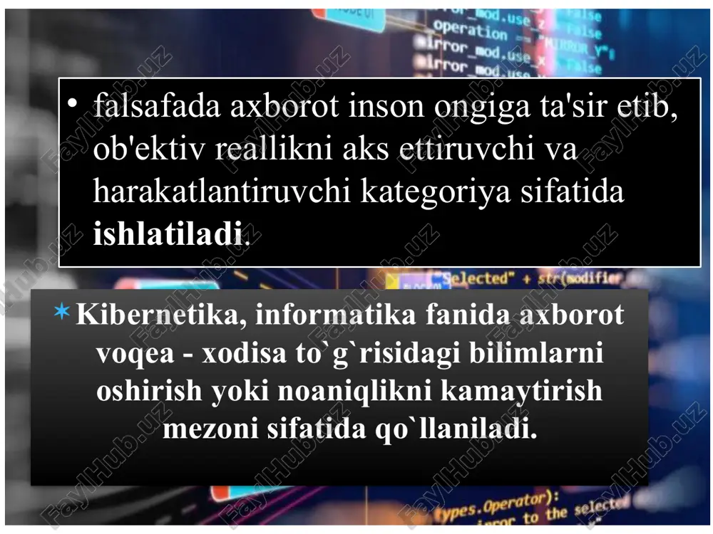 o bo’lishi va rivojlanishiga olib keldi. xx asr o’rtalaridagi ushbu holatni “informatsion portlash” deb ham atashadi. mutaxassislar fikriga ko’ra, 1900 –yilgacha bilimlarning to’planishi va rivojlanishi juda sekinlik bilan borgan bo’lsa, 1900 yildan keyin har 50 yilda 2 baravarga, 1950 yildan keyin har 10 yilda 2 baravarga, 1970 yildan boshlab, har 5 yilda , xx asr oxiridan boshlab har yili 2 baravarga ortib bormoqda. axborotlashgan jamiyat tushunchasi iborani ilk bor yapon olimi yu.xayashi va bir necha yapon tashkilotlaridagi mutaxassislariga nisbatan qo‘llagan; axborotlashgan jamiyatda ishlab chiqarish bilimni to‘plash texnologiyalariga, axborotni qayta ishlashga va ramziy kommunikatsiyalarga bog‘liq bo‘ladi; axborotlashgan jamiyatda insoniy qadriyatlar o‘zgaradi. bu jamiyat sinfsiz va ziddiyatsiz bo‘lib, uni kichikroq davlat apparati boshqaradi. jamiyatning ko’pchilik a'zolari axborot, ayniqsa, uning oliy shakli bulmish bilimlarni ishlab chiqarish, saqlash, qayta ishlash va amalga oshirish bilan band bo’lgan jamiyatdir. axborotlashgan jamiyat hohlagan kishi, guruh yoki ixtiyoriy korxona-tashkilot o’z faoliyati uchun zarur bo’ladigan axborot resurslaridan foydalana olishi; …