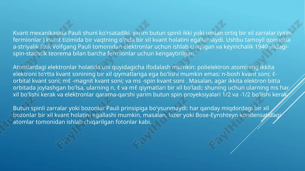 ida aniqlansa, yopiq qobiqlardagi elektronlarning murakkab sonlarini har bir holat uchun bitta elektronning oddiy qoidasigacha qisqartirish mumkinligiga olib keldi. shu maqsadda u samuel gudsmit va jorj ulenbek tomonidan elektron spin sifatida aniqlangan yangi ikki qiymatli kvant sonini kiritdi. atomdagi elektronlar: atomdagi elektronlar, atomning markazida joylashgan yadro atrofida harakatlanadigan zaryadlangan qismdir. elektronlar atom orbitallarida joylashadi va kvant mexanikasiga ko‘ra, ularning holati (energiya va orbital shakli) diskret (aniq) bo‘ladi. elektronlar, pauli prinsipiga ko‘ra, har bir orbitalda faqat ikki elektron bo‘lishi mumkin, ammo ular teskari spinlarga ega bo‘lishi kerak. 3. atom qobiqlari: atomda elektronlar turli energiya qobiq yoki orbitalarida joylashadi. har bir qobiq o‘zining ma'lum bir energiya darajasiga ega va qobiqning ichida bir nechta orbitalar mavjud bo‘lishi mumkin. elektronlar to‘ldirishda, har bir orbital o‘zining imkoniyatlariga qarab elektronlarni qabul qiladi. pauli prinsipiga ko‘ra, har bir orbitalda ikki elektron bo‘lishi mumkin, lekin ular teskari spinlarda bo‘lishi kerak. tuldirish prinsipi (aufbau principle) kvant mexanikasidagi bir prinsip …