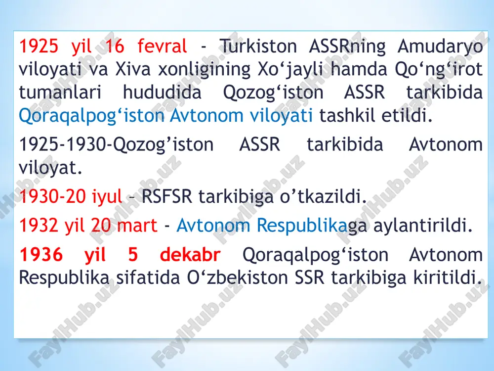 siqlik elektr stansiyasi (o‘rtacha yillik quvvati 443,4 mvt). 1993 yil - «nukuskabel» ishga tushirildi. 1993 yil - qo‘ng‘irot un zavodi 1993 yil - nukus shahrida «kateks» to‘qimachilik majmuasi 1995 yil - ellikqal’a tumanida «elteks» to‘qimachilik majmuasi 1995 yil - xo‘jayli shisha idishlar zavodi 1995-2000 yil 14 may - qo‘ng‘irot tumanida markaziy osiyoda yagona hisoblangan, yiliga 190 ming tonna kalsiyli soda ishlab chiqaradigan zavod qurildi 1996 yilda qo‘ng‘irotdagi «urga» gaz sanoati korxonasida («ustyurtgaz» ) gaz kondensati va tabiiy gaz qazib chiqarilishi boshlandi 1997 yilda «to‘rtko‘ldon» 2016 yil - ustyurt neft-gaz-kimyo majmuasi ishga tushdi. (2012 yilda project finance international xalqaro nashri mazkur loyihani neft-kimyo sektoridagi yilning eng muvaffaqiyatli loyihasi deb e’tirof etdi) sanoati 1991-1992 yillarda uzunligi 243-kilometrlik tuyamo’yun-nukus-chimboy-taxtako’pir vodoprovod tizimi ishga tushirildi. 2016-2020 yillarda aholini markazlashgan ichimlik suvi bilan ta’minlash darajasi 40 foizdan 67 foizga yetkazildi. 1994-2002 yil avgust - 633 km. uzunlikdagi navoiy-uchquduq-sulton uvaystog‘-nukus temir yo’li qurilib, foydalanishga topshirildi. 2000 yilda …