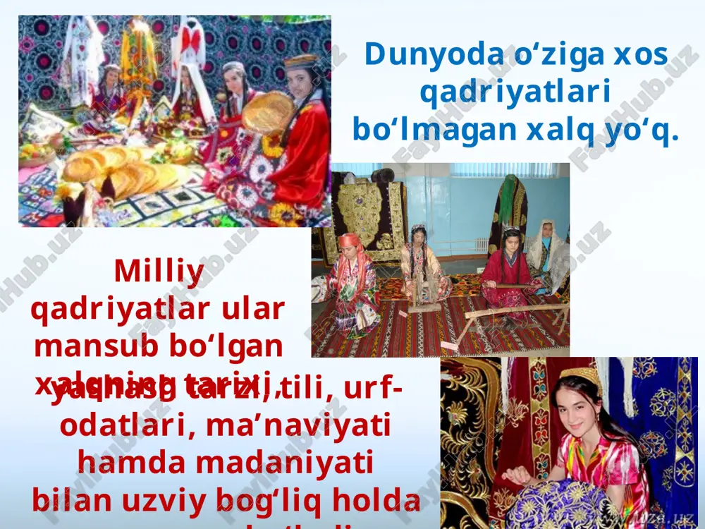 asida o‘ziga xos uyg’unlikni ta’minlash orqali o‘zbekistonga xos milliy taraqqiyot modelini yaratish ustuvor vazifa hisoblanadi. milliy yuksalish g’oyasi xalqimizning ulkan intellektual va ma’naviy salohiyatini ro‘yobga chiqarib, o‘zbekistonning yangi tarixida uchinchi renessans davrining boshlanishiga xizmat qiladi. milliy yuksalish bu – millat taraqqiyotining tarixiy jarayoni bo‘lib, bunda millat hayotida yangi davrning boshlanishi va rivojlanishi pirovardida yurt obodligi va xalq farovonligini ifodalashdir. bizning milliy qadriyatlarimizning o‘ziga xos noyob jihati shundaki, ularda qadim zamonlardan boshlab umuminsoniy g‘oyalar teran aks etib kelgan. insonparvarlik esa umumbashariy qadriyatlarning negizini tashkil etadi. buyuk ajdodlarimizning hayoti va ijodiy faoliyati ana shunday insonparvarlik ruhi bilan yo‘g‘rilgani uchun ularning nomi, yozgan asarlari butun dunyoda tan olinib, asrlar davomida turli xalqlar vakillari tomonidan o‘rganib kelinmoqda. yer planetasi atalmish ijtimoiy-siyosiy makonda g’arazli niyatdagi destruktiv kuchlar tomonidan ma’naviy tubanlikka eltuvchi yot g’oyalarning targ’ib qilinishi, uning oqibatida yuzaga keladigan xavf-xatarlarning oldini olish uchun sohadagi ishlarni jonlantirish kerak. bu bora o‘zbekiston respublikasi prezidenti sh.mirziyoyevning quyidagi fikrlari …