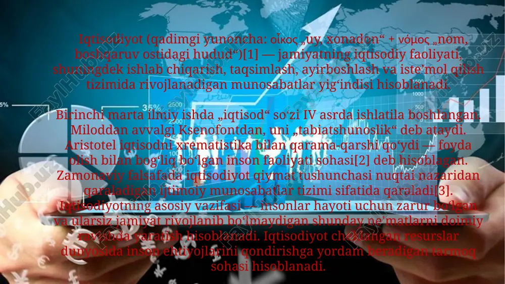 boʻla boshlagan. asta-sekin tovar ayirboshlash rivojlandi, u dastlab ayirboshlash (barter) shaklida amalga oshirildi, lekin pulning paydo boʻlishi bilan savdoga aylana boshladi. shunga qaramay, qadimgi dunyo va oʻrta asrlar jamiyatlarida oʻziga xos dehqonchilik ustunlik qilgan edi. qadimgi antik davrning koʻpgina hududlarida rejali xoʻjalik va oʻziga xos xoʻjalik kombinatsiyasiga asoslangan saroy xoʻjaligi deb ataladigan xoʻjalik mavjud boʻlgan edi. e'tiboringiz uchun raxmat. image1.jpeg image2.png image3.png image4.png image5.png image6.png image7.png image8.png image9.png /docprops/thumbnail.jpeg