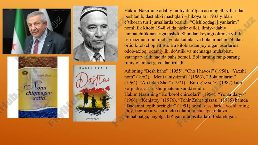 mati” ordeni bilan taqdirlandi. hakim nazirning asarlarini tahlil qilar ekanmiz, ortiqcha o'ylantiradigan epizodlarning kamligi, xalq tilidan yozilganligi, soddaligi bilan ajralib turishiga amin bo'lamiz. voqealar rivojining bir maromda borishi asarni o'qishli qilgan. avvalo, uning "oqibat" hikoyasiga to'xtalaylik. nomidan ham ko'rinib turibdiki, oqibat - insonlarning bir-biridan hol-ahvol so'rab turishi, sog'ligi, yurish-turishidan xabardor bo'lishi, bemor chog'ida salomatlik so'rab borishi kabi bir nechta insoniy sifatlarni o'zida mujassamlashtiradi. hikoya aziza xolaning ayvon to'rida kasali qo'zg'ab qolgani uchun cho'zilib yotganidan boshlanadi. barcha obrazlar markazida o'ziga oro berib, yasanib yuradigan lobar, fe'li ayniganroq ayol - lazokatxon obrazi turadi. keksalik davrida yolg'iz qolgan qo'shni ayolga qilayotgan beminnat iltifoti orqasidan bo'ladigan voqealar rivoji kitobxonni hikoyaning keyingi davomini o'qishga undaydi. kelinining otasi tuzukkina tadbirkorlardan ekanligini, ishlari yurishib ketgandan keyin saxiyligi tutib qolganini, qiziga yaqinidagi uydan bir kvartira olib berganini aziza xola qo'shnisiga xokisorlik bilan aytib beradi. ko'hna, tor pastqam hovlisida siqilibroq yashashayotgani-yu, o'z-o'zidan o'g'li o'ktam ham rafiqasi ketidan ergashganini kuyunchaklik …