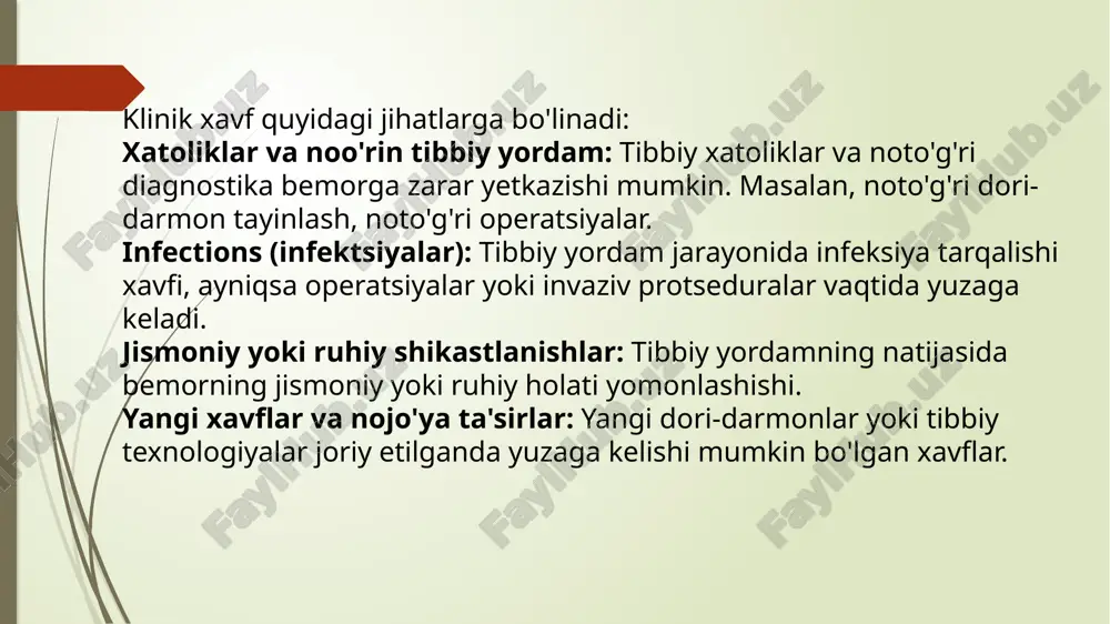 'minlash: bemorning xavfsizligini ta'minlash uchun tizimli monitoring va xavf-xatarlarni baholash zarur. har bir protsedura va davolash jarayoni bemorning xavfsizligini ta'minlash maqsadida qat'iy nazorat ostida bo'lishi kerak. ahamiyati: bemorning farovonligi: tibbiy yordam ko'rsatishning xavfsizligini ta'minlash bemorlarning farovonligini, sog'lig'ini saqlashga yordam beradi. huquqiy javobgarlikdan qochish: xavfsizlikni ta'minlash huquqiy mas'uliyatni kamaytiradi va tibbiyot muassasalarini sud ishlaridan himoya qiladi. shifokor va bemor ishonchining o'sishi: tibbiy yordamning xavfsizligi ishonchni oshiradi va tibbiyot tizimiga bo'lgan umumiy ishonchni mustahkamlashga yordam beradi. xulosa klinik xavfni tushunish, uning axloqiy va huquqiy jihatlarini tahlil qilish, shuningdek, tibbiy yordamning xavfsizligini ta'minlashda qanday muammolar mavjudligini va bu masalalarning ahamiyatini bilish tibbiyot sohasidagi muhim yutuqlarga erishishga yordam beradi. tibbiy xavfsizlikni ta'minlash faqat bemorlarni himoya qilishni emas, balki tibbiyot tizimining samarali va ishonchli ishlashini ta'minlashni ham o'z ichiga oladi. e’tiboringiz uchun rahmat!!!! /docprops/thumbnail.jpeg