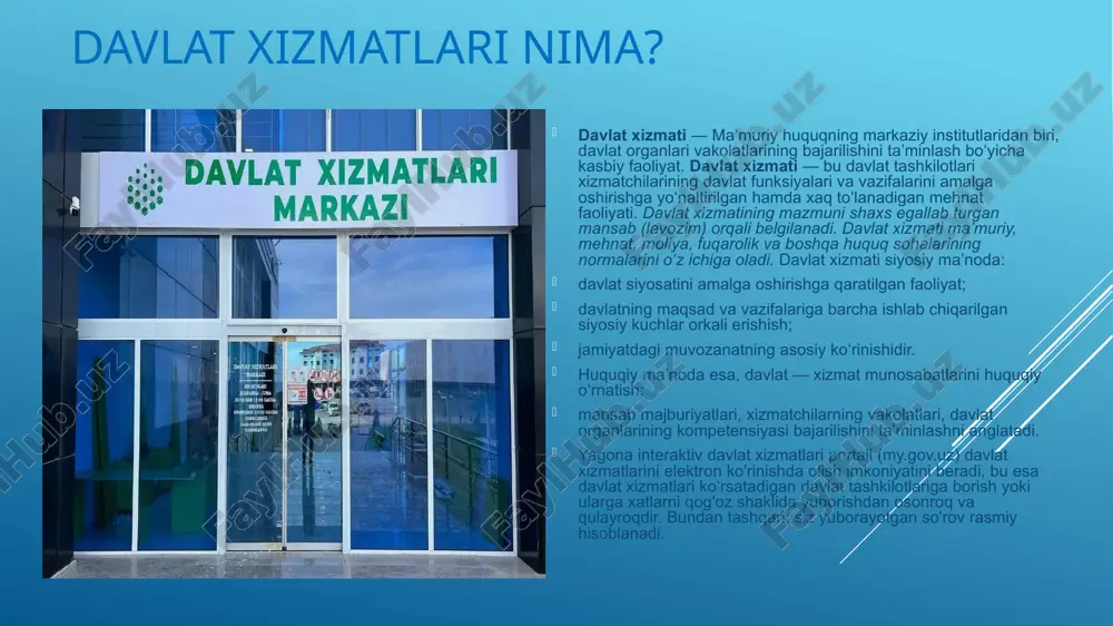 navbatlar yo‘q. vaqt va mablag‘ tejaladi – uydan chiqmasdan xizmatlardan foydalanish mumkin. shaffoflik va kuzatuvchanlik – har bir xizmat jarayoni nazorat qilinadi. yagona platforma – barcha davlat xizmatlari bir joyda jamlangan. 24/7 xizmatlar – portal kecha-yu kunduz ishlaydi. muammolari: internetga bog‘liqlik – internet sifati yomon joylarda ishlatish qiyin. texnik nosozliklar – ba’zan xizmatlar yuklanmaydi yoki xatolik yuz beradi. axborot xabardorligi pastligi – ba’zi fuqarolar portal imkoniyatlaridan hali to‘liq xabardor emas. davlat xizmatlari portali — bu zamonaviy va raqamli o‘zbekiston sari tashlangan muhim qadamdir.fuqarolarga qulaylik yaratish, xizmatlarning tez va shaffof bo‘lishi bugungi kunda juda katta ahamiyatga ega.portal yordamida davlat idoralari bilan muloqot qilish ancha soddalashdi va samaradorlik oshdi. kelajakda bu tizim yanada rivojlanib, ko‘proq xizmatlarni o‘z ichiga oladi va har bir fuqaro uchun oson va tushunarli bo‘lib boradi.har bir fuqaro portal imkoniyatlaridan faol foydalanishi lozim, chunki bu o‘z huquqlarini tez va to‘g‘ri amalga oshirishga xizmat qiladi. e’tiboringiz uchun rahmat! image1.png image2.png …