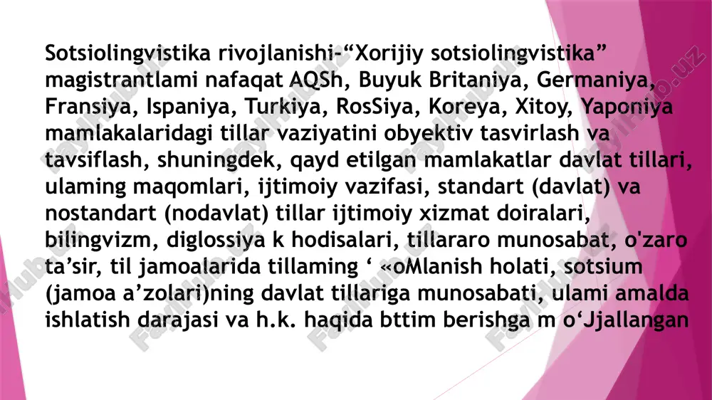 dagi funksional munosabat ushbu hamjamiyatga xos bo’lgan lisoniy vaziyatni shakllantiradi. bu munosabatlar ko’pincha barqaror bo’ladi. biroq mamlakatdagi siyosiy vaziyatning, davlat tuzilishining o’zgarishi, iqtisodiy islohotlar, ijtimoiy va milliy siyosatdagi yangi yo’nalishlar va h.k. ijtimoiy- kommunikativ tizimning holatiga, uning tarkibiga, funksiyasiga va uning qismlari bo’lgan kodlar va subkodlarga ta‘sir qilishi mumkin. ―lisoniy vaziyat tushunchasi, odatda, katta til hamjamiyatlariga – mamlakatlar, hududlar, respublikalarga nisbatan qo’llaniladi. bu tushuncha uchun zamon omili muhim hisoblanadi, ya‘ni lisoniy vaziyat ijtimoiy-kommunikativ tizimning muayyan davridagi faoliyatidir. masalan, ukrainada ijtimoiy-kommunikativ tizimning asosiy tarkibiy qismlari ukrain va rus tillari hisoblanadi (bulardan tashqari, belorus, bolgar, venger, chex va boshqa tillar ham mavjud). sssrning tarqalishigacha bu tillar orasida tenglik, muvozanat saqlangan. binobarin, maktablarda ta‘lim ukrain va rus tillarida olib borilgan, oliy ta‘lim va ilmiy sohalarda (tabiiy va texnik fanlarda ko‗proq rus tili, ijtimoiy fanlarda ko‗proq ukrain tilidan foydalanilgan) har ikkala til qo‗llanilgan. 1990-yillarga kelib ukrainada rus tilining vazifalari qisqarib, u o‗rta va oliy …