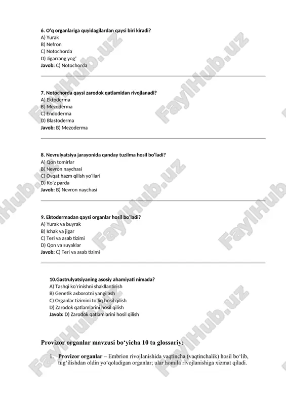 joylashgan bachadon shilliq qavati; platsenta hosil bo‘lishida ishtirok etadi. 9.kindik halqasi – homilani ona bilan bog‘lovchi tuzilma; unda qon tomirlari orqali oziq moddalar, kislorod va chiqindilar almashinadi. 10.fetal membranalar – embrionni o‘rab turgan barcha pardalar (amnion, xorion, yolk xaltasi va allantois) yig‘indisi; himoya va rivojlanish funksiyalarini bajaradi. embriogenezda hujayraning differensirlanishi va qaltis davrlar mavzusida test 1. hujayra differensirlanishi nima? a) hujayralarning ko‘payishi b) hujayralarning o‘ziga xos vazifalarni bajarishga ixtisoslashuvi c) hujayralarning nobud bo‘lishi d) hujayralarning harakatlanishi javob: b) hujayralarning o‘ziga xos vazifalarni bajarishga ixtisoslashuvi 2. qaysi bosqichdan so‘ng hujayra differensirlanishi boshlanadi? a) oploidlik b) gastrulyatsiya c) blastula d) ovulyatsiya javob: c) blastula 3. differensirlanmagan, har qanday to‘qima hosil qila oladigan hujayra qanday nomlanadi? a) somatik hujayra b) terminal hujayra c) totipotent hujayra d) nevron hujayra javob: c) totipotent hujayra 4. qaysi qatlamdan asab tizimi hosil bo‘ladi? a) ektoderma b) mezoderma c) endoderma d) trofoblast javob: a) ektoderma 5. hujayralar differensirlanishida …