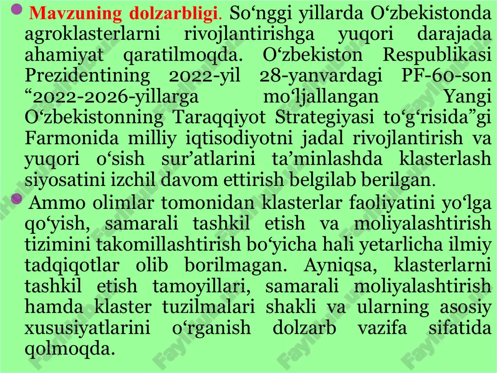 i. raqobatbardoshlikni qaror toptirish boʻyicha iqtisodiy jarayonlarni oʻrganishga klasterli yondashuv boshqa qator nazariyalarda ham qoʻllaniladi. ushbu masalalarning ayrim jihatlari respublikamiz olimlaridan m.rahmatov, b.zaripov, ch.murodov, sh.hasanov, m.murodova hamda bir qator olimlar ilmiy izlanishlar olib borishgan. biroq, tahlillarning koʻrsatishicha, ayni paytgacha gʻallachilik klasterlarida hisob va audit jarayonlarini takomillashtirish hamda ularning dolzarb muammolarini kompleks tadqiq etishga, sohada buxgalteriya hisobi va audit boʻyicha yuzaga kelgan muammolarni hal etishga bagʻishlangan ilmiy tadqiqotlar amalga oshirilmagan. yuqorida taʼkidlangan muammolar tanlangan mavzuning nihoyatda dolzarbligi va zamonaviyligidan dalolat beradi hamda tadqiqot ishining asosiy yoʻnalishlari mazmunini belgilaydi. tadqiqotning maqsadi. raqamli iqtisodiyotni rivojlantirish sharoitida gʻallachilik klasterlarida hisob va audit jarayonlarini takomillashtirishga qaratilgan ilmiy-amaliy tavsiya va takliflar berishdan iborat. tadqiqotning vazifalari. tadqiqot ishining maqsadidan kelib chiqib quyidagi vazifalar belgilab olindi: - bozor munosabatlari sharoitida gʻallachilik klasterlarining mohiyati, oʻrni va ahamiyatini ochib berish, ularga ilmiy jihatdan asoslangan taʼrif berish; -gʻallachilik klasterlarida hisob siyosatini tuzish yuzasidan tavsiyalar ishlab chiqish; - gʻallachilik klasterlari moliyaviy hisobotini …