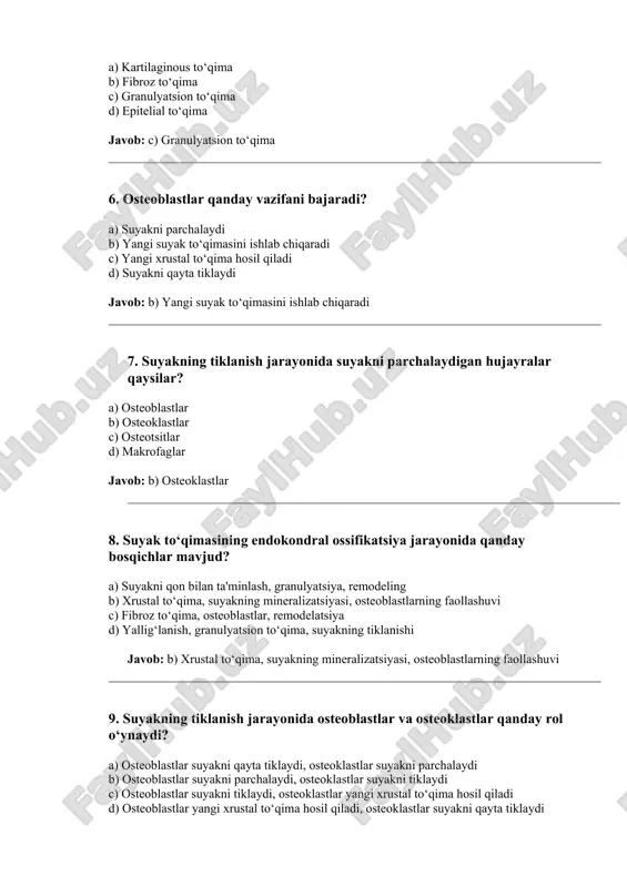 laydi, osteoklastlar suyakni parchalaydi b) osteoblastlar suyakni parchalaydi, osteoklastlar suyakni tiklaydi c) osteoblastlar suyakni tiklaydi, osteoklastlar yangi xrustal to‘qima hosil qiladi d) osteoblastlar yangi xrustal to‘qima hosil qiladi, osteoklastlar suyakni qayta tiklaydi javob: a) osteoblastlar suyakni qayta tiklaydi, osteoklastlar suyakni parchalaydi 10. qaysi jarayon suyak to‘qimasining yangi shaklini va qattiqligini ta'minlaydi? a) ossifikatsiya b) remodelatsiya c) yallig‘lanish d) granulyatsiya javob: b) remodelatsiya ko‘ndalang targ‘il muskul to‘qimasi haqida 10 ta glasariy: 1. ko‘ndalang targ‘il muskul to‘qimasi - ko‘ndalang targ‘il muskul to‘qimasi — bu tananing harakatlarini boshqaradigan va suyaklarga ulangan muskul to‘qimasi turidir. ushbu to‘qima ko‘ndalang targ‘illar bilan ajralib turadi va ko‘plab muskul tolalaridan tashkil topadi. 2. muskul tolasi - muskullarni tashkil etuvchi asosiy hujayralar bo‘lib, ular uzun, silindrsimon shaklga ega. har bir muskul tolasi ko‘plab yadroga ega va o‘zining xususiyatlariga qarab qisqarish (kontraksiya) xususiyatiga ega. 3. ko‘ndalang targ‘il -- muskul to‘qimasida ko‘rinarli chiziqlar yoki targ‘illar mavjud bo‘lib, ular mikroskopik darajada muskul …