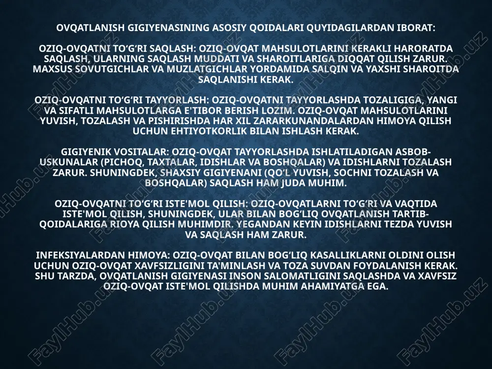 ashqlarni amalga oshirish muhimdir. jismoniy faoliyat sog‘lom ovqatlanish bilan birga o‘sish va rivojlanishni qo‘llab-quvvatlaydi. suv ichish: suv organizmni to‘g‘ri ishlashiga yordam beradi va bolalar va o‘smirlarning har doim etarli miqdorda suv ichishi kerak. 6. shaxsiy gigiyena: bolalar va o‘smirlar ovqatni iste'mol qilishdan oldin va keyin soch, qo‘l va tishlarni toza tutishga o‘rgatilishi kerak. bu, ayniqsa, oziq-ovqatdan infektsiya tarqalishini oldini olishga yordam beradi. 7. sog‘lom ovqatlar va fastfud: bolalar va o‘smirlar sog‘lom va to‘g‘ri ovqatlanishdan boshqalaridan ko‘ra ko‘proq foyda olishadi. shuning uchun, tez tayyorlanadigan ovqatlar (fast food) va yuqori kaloriya, tuz va shakarni o‘z ichiga olgan mahsulotlar kamroq iste'mol qilinishi kerak. 3. ovqatlanish ratsionini tuzish metodlar. ovqatlanish ratsionini tuzish — bu organizmning o‘sish, rivojlanish va sog‘lom faoliyatini ta'minlash uchun zarur bo‘lgan oziq moddalarni to‘g‘ri miqdorda va balansda ta'minlash jarayonidir. ratsionni tuzishda turli metodlar mavjud, va ular oziq-ovqatning tarkibi, kaloriyalar, vitaminlar va minerallarni hisobga olishni o‘z ichiga oladi. 1. oziq moddalar balansini …