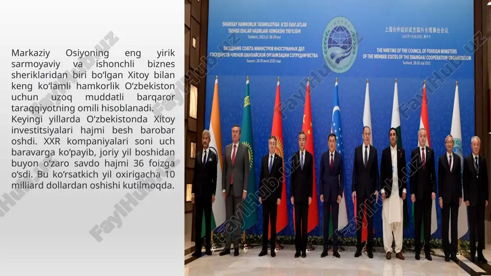 narkotik moddalar savdosi, kiberjinoyatchilik va boshqa transmilliy uyushgan jinoyatchilikka qarshi kurashish bo'yicha hamkorlikni kuchaytirish masalalari muhokama qilindi. 2. siyosiy maslahatlashuvlar va xavfsizlik bo'yicha hamkorlik 2024-yil 16-aprelda pekinda o'zbekiston va xitoy tashqi ishlar vazirliklari o'rtasida xavfsizlik bo'yicha maslahatlashuvlar o'tkazildi. tomonlar terrorizm, separatizm va ekstremizmga qarshi kurashishda hamkorlikni davom ettirishga va mintaqaviy xavfsizlikni ta'minlashga tayyor ekanliklarini bildirdilar. vstavte izobrajenie otrasli ekonomiki vashey strani. 9 mintaqaviy xavfsizlik tashkilotlarida hamkorlik o'zbekiston va xitoy shanxay hamkorlik tashkiloti (shht) doirasida hamkorlik qilmoqda. ushbu tashkilot mintaqaviy xavfsizlikni ta'minlash, terrorizmga qarshi kurashish va iqtisodiy hamkorlikni rivojlantirishga qaratilgan. vstavte izobrajenie interesnogo dlya turistov mesta v vashey strane. 10 image1.jpg image2.png image3.jpg image4.jpg image5.jpg image6.webp image7.jpg image8.jpg
