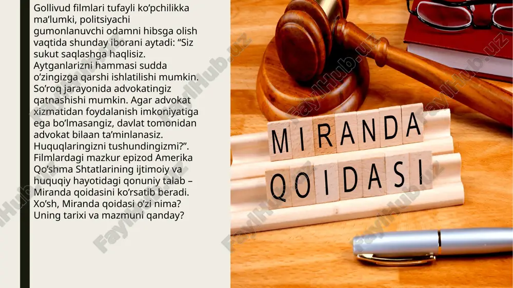 a tushuntirilishi shart.” ya’ni unga quyidagi huquqlari borligini aytib o’tishi kerak: -sukut saqlash huquqi - advokat xizmatidan foydalanish huquqi, agar advokat yollashga moliyaviy yoki boshqa sabablar orqali advokat xizmatidan foydakana olmasa, davlat tomonidan advokat yollanishi haqida - aytgan gaplari sudda unga qarshi qo’llanilishi mumkinligini - agar gumonlanuvchi chet el fuqarosi bo’lsa, tarjimon xizmatidan foydalanishi - o’z advokatiga yoki yaqin qarindoshiga bir marta qo’ng’iroq qilish imkoni berilishi shart. muammo va yechimlar mamlakatimizning qonunchiligida “miranda qoidasi” alohida o’rin tutadi. ammo bu qoidani alqimiz orasida, umuman olganda jamiyatda keng tarqalishida bir qancha muammolar yuzaga kelmoqda. keling, bulardan bir nechtasini ko’rib chiqamiz. “miranda qoidasi”ni aholi orasida keng ko’lamda qo’llanmasligining birinchi va eng asosiy sababi – xalqimizning huquqiy savodxonligining pastligidir. ayrim toifadagi insonlar bor o’z huquqlarini yaxshi biladi. ular ham asiosan davlat ishida ishlaydigan insonlardir. ammo oddiy xalqchi, ular qaydan bilsin o’z huquqlarini? keyingi sababi bizni qonunchiligimizda sssr tuzumining ta’siri borligidir. chunki yurtimiz qariyib 70 …
