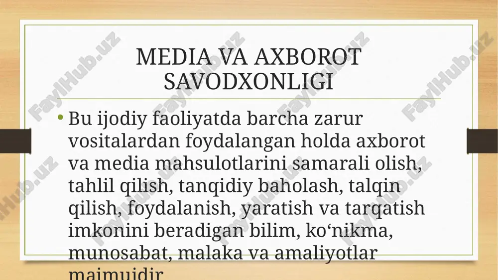 da. bundan kelib chiqadiki, jamiyat va davlat hayotiga daxldor barcha kasb va soha egalari mediasavodxonlikka ega bo‘lishlari lozim. image5.png image6.png image7.jpeg image3.png image4.png /docprops/thumbnail.jpeg
