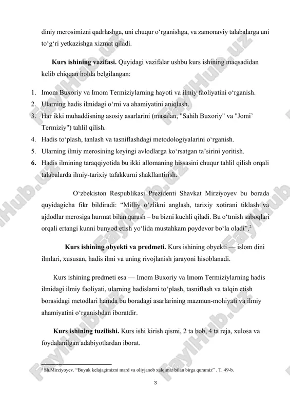 n iborat. i bob. imom buxoriy – hadis ilmining sultoni. 1.1 imom buxoriyning hayot yo’li. abu abdulloh muhammad ibn ismoil ibn ibrohim ibn al-mugʻiyra ibn bardazbeh al-jufiy al-buxoriy hijriy 194 yil shavvol oyining 13-kuni (810 yil 20 iyul) tavallud topgan. imom buxoriy bolaligidayoq otasi vafot etib, onasi tarbiyasida oʻsgan. u yoshligidan aql-idrokli, oʻtkir zehnli va maʼrifatga havasi kuchli boʻlib, turli ilm-fanlarni, ayniqsa, hadis ilmini zoʻr qiziqish bilan oʻrganadi. oʻn yoshidan boshlab buxorodagi turli rivoyatchilardan eshitgan hadislarini, shuningdek, abdulloh ibn muborak va vakiy kabi olimlarning hadis toʻplamlarini mutolaa qilib, yodlagan, ustozi shayx dohiliy bilan hadis rivoyatchilari haqidagi qizgʻin bahslarda ishtirok etgan. 825 yili oʻn olti yoshli buxoriy onasi va akasi ahmad bilan hijozga qarab yoʻl oladi, muqaddas shaharlar hisoblanmish makka va madinani ziyorat qilib, olti yil hijozda yashab, hadis ilmidan oʻz bilimlarini yanada oshirish maqsadida oʻsha davr ilm-fan markazlaridan hisoblangan damashq, qohira, basra, kufa, bagʻdod shaharlarida yashab, mashhur olimlardan hadis bilan …