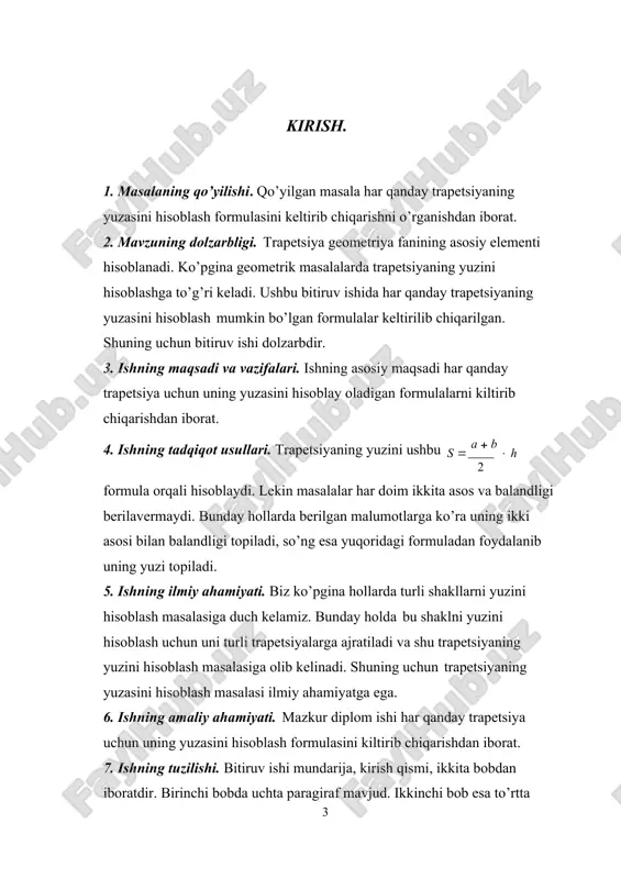 rapetsiya bo’ladi. trapetsiya diagonallari o’zaro perpendikulyar bo’lsa, uning o’rta chizig’i balandligiga teng. tarif. trapetsiyaning bitta burchagi to’g’riburchakdan iborat bo’lsa u to’g’riburchakli trapetsiya deb aytiladi. trapetsiyaning asoslari a va b (a>b) bo’lsin. u holda 1) trapetsiyaning o’rta chizig’i a  b 2 ga teng. 2) trapetsiya diagonallari o’rtalarini birlashtriruvchi to’g’ri chiziq kesmasi uning asoslari parallel uzunligi a  b 2 gat eng. 3) trapetsiyaning asoslari orasidagi har qanday to’g’ri chiziq kesmasini, uning o’rta chizig’i teng ikkiga bo’ladi. 4) trapetsiya asoslarining o’rtalarining birlashtiruvchi to’g’ri chiziq kesmasi uni ikkita tengdosh trapetsiyaga bo’ladi. 5) trapetsiya tomonlarining o’rtalari paralellogramning uchlari bo’ladi. 6) teng yonli trapetsiya tomonlarining o’rtalari rombning uchlari bo’lib xizmat qiladi. 7) trapetsiyaning yuzini teng ikkiga bo’luvchi va asoslariga parallel to’g’ri chiziq kesmasining uzunligi ga teng.(a 2  b 2 ) 2 8) trapetsiyaning asoslari parallel va uning diagonallarining kesishgan nuqtasidan o’tgan to’g’ri chiziq kesmasining uzunligi 2ab a  b ga teng. i bob. …