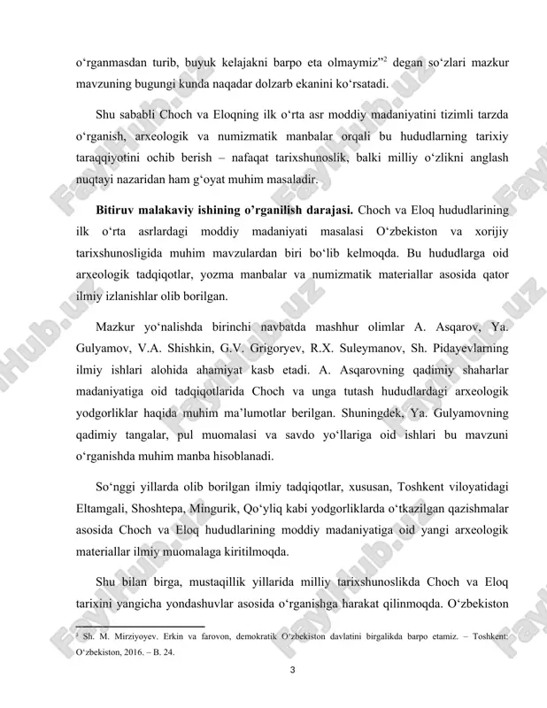 lan birga, mustaqillik yillarida milliy tarixshunoslikda choch va eloq tarixini yangicha yondashuvlar asosida o‘rganishga harakat qilinmoqda. o‘zbekiston milliy universiteti, tarix instituti va boshqa ilmiy muassasalarda bu mavzu doirasida qator ilmiy maqolalar, dissertatsiyalar va tadqiqotlar yaratildi. biroq, choch va eloqning moddiy madaniyatini aynan ilk o‘rta asrlar kontekstida kompleks tarzda o‘rganish hali ham to‘liq yakuniga yetmagan bo‘lib, bu yo‘nalishda ilmiy tadqiqotlarni davom ettirish dolzarb bo‘lib qolmoqda. bitiruv malakaviy ishining maqsad va vazifalari. choch va eloq hududlarining ilk o‘rta asrlardagi moddiy madaniyatini tarixiy manbalar, arxeologik topilmalar va numizmatik materiallar asosida o‘rganish, ularning tarixiy taraqqiyotdagi o‘rnini tahlil qilishdan iborat. 1. choch va eloq hududlarining geografik joylashuvi va tarixiy sharoitlarini aniqlash; 2. ushbu hududlarning iqtisodiy va madaniy ahamiyatini tarixiy manbalar asosida yoritish; 3. qal’alar, shahristonlar, qishloqlar va manzilgohlardan topilgan moddiy yodgorliklarni o‘rganish; 4. ilk o‘rta asrlarda choch va eloqda zarb qilingan tangalarning iqtisodiy hayotdagi o‘rnini aniqlash; 5. moddiy madaniyat obidalari asosida bu hududlarning taraqqiyot bosqichlarini …