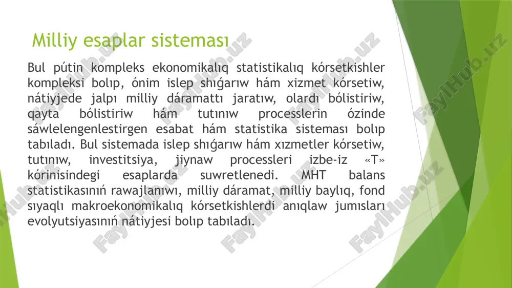 bul esap óndiriste bánt bolǵan institutsional birliklerdiń baslanǵısh dáramatların payda bolıw procesin ańlatadı. 3. dáramatlardı baslanǵısh bólistiriwi esabı bul esapta rezident institutsional birliklerdiń óndiris shıǵarıwdan hám múlkten alǵan baslanǵısh dáramatların sektorlar ortasındaǵı bólistiriwi ańlatıladı. 4. dáramatlardı ekilemshi bólistiriwi esabı bul esapta mámleketke jıl dawamında túsken tushumlar hám ámeldegi transfertlar nátiyjesinde ámeldegi bolǵan dáramattı payda bolıwı procesi sáwlelendiriledi. 5. dáramatlardan paydalanıw esabı bul esapta ámeldegi dáramatlardı provard tutınıw hám toplawǵa bólistiriw operatsiyaları sáwlelendiriledi. 6. kapital sarp etiwler esabı bul esapta rezident institutsion birliklerdiń jıl dawamında satıp alǵan nomoliyaviy aktivleri (tiykarǵı fondlari) hám ámeldegi tiykarǵı fondlarni jiynaw hám transfertlar esabına ózgeriwi processleri sáwlelendiriledi. 7. finans esabı bul esapta sektorlararo finans-kredit munasábetlaridagi ózgerisler hákis ettiriledi. 8. sırtqı dúnya sektorınıń esapları : - ámeldegi operatsiyalar esabı ; - kapital sarp etiwler esabı ; - finans esabı. bul sektor esaplarında norezidentlarning rezidentlar menen bolǵan operatsiyalardıń jaǵdayı sáwlelendiriledi. 1.nomoliyaviy kárxanalar 1.1. mámleket kárxanaları 1.2. jeke menshik …