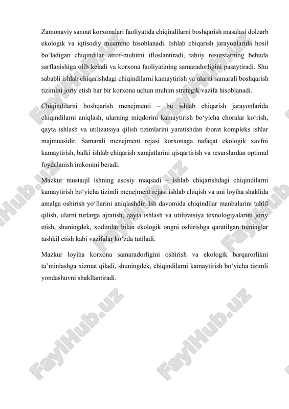 ydalanilmaydi. · ekologik zararlar va chiqindilarni tashish xarajatlari ortadi. masalan, plastik yoki metall chiqindilarni sarflanishi kamaytirish va ularni qayta ishlash yo‘llari yetarli o‘rganilmagan. ishlab chiqarish jarayonida chiqindilarni kamaytirish bo‘yicha samarali menejment tizimini yo‘lga qo‘yish uchun avvalo mavjud muammolarni aniqlash zarur. korxonalarda uchraydigan asosiy muammolar quyidagilardan iborat: 1. chiqindilar miqdorining yuqoriligi · ishlab chiqarish jarayonida xomashyo va materiallarning samarali ishlatilmasligi natijasida ortiqcha chiqindilar hosil bo‘ladi. · masalan, plastik, metall, qog‘oz, kimyoviy va organik chiqindilar ishlab chiqarish jarayonida yetarlicha nazorat qilinmaydi. 2. qayta ishlash va utilizatsiya tizimining yetarli emasligi · ko‘plab korxonalarda chiqindilarni qayta ishlash va utilizatsiya qilish texnologiyalari to‘liq joriy etilmagan. · natijada chiqindilar ko‘pincha atrof-muhitga tashlanadi yoki arzon, lekin ekologik xavfli usullar bilan utilizatsiya qilinadi. 3. resurslardan samarali foydalanmaslik · xomashyo va energiya resurslarining behuda ishlatilishi korxona xarajatlarini oshiradi. · chiqindilarni kamaytirish va ularni qayta ishlash orqali resurslarni tejash imkoniyati mavjud bo‘lsa-da, bu imkoniyatlar ko‘pincha yetarlicha qo‘llanilmaydi. 4. ekologik va …