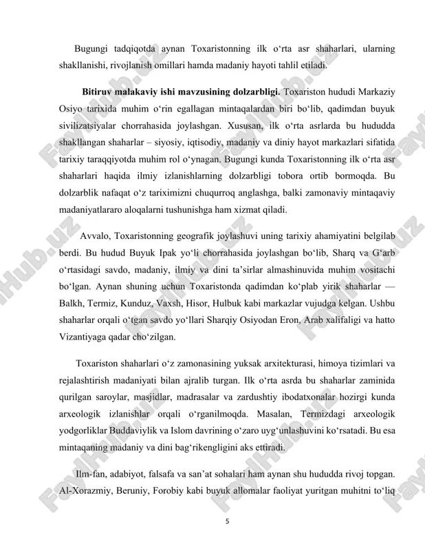 i, iqtisodiy tizimi va siyosiy boshqaruv shakllari ham zamonaviy urbanizatsiya tadqiqotlari uchun katta qiziqish uyg‘otadi. toxariston shaharlarining dolzarbligi, shuningdek, ularning turli bosqinchiliklarga qarshi kurashdagi tutgan o‘rni bilan ham bog‘liq. arab bosqini, turkiy qabilalarning yurishlari, mo‘g‘ullar istilosi davrida bu shaharlar ko‘plab siyosiy va harbiy sinovlarga duch kelgan. shunga qaramay, ular ko‘p hollarda o‘zligiga sodiq qolib, mustahkam mudofaa tizimlari va xalqaro aloqalari orqali o‘z faoliyatini davom ettirgan. bu esa ularning nafaqat tarixiy, balki strategik ahamiyatini ham ko‘rsatadi. bugungi kunda toxariston shaharlarini o‘rganish arxeologiya, tarixshunoslik, madaniyatshunoslik va urbanistika fanlarida ustuvor yo‘nalishlardan biriga aylangan. unesco ro‘yxatiga kiritilgan bir qancha yodgorliklar, jumladan, termiz, hulbuk va balkh shaharlaridagi arxeologik qazilmalar global miqyosda ham qiziqish uyg‘otmoqda. bu esa o‘zbekiston, afg‘oniston va tojikiston kabi mintaqa davlatlari uchun ilmiy hamkorlikni kengaytirish imkonini yaratadi. toxariston hududi o‘zbekiston tarixida alohida o‘rin tutadi. bu yerda ilk o‘rta asrlardayoq shaharlar rivoj topib, madaniy, diniy va iqtisodiy markazlarga aylangan. termiz, balx kabi shaharlarda nafaqat …