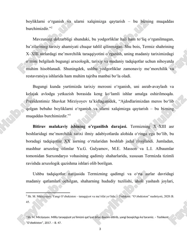 aharlarida, xususan termizda tizimli ravishda arxeologik qazishma ishlari olib borilgan. ushbu tadqiqotlar natijasida termizning qadimgi va o‘rta asrlar davridagi madaniy qatlamlari ochilgan, shaharning hududiy tuzilishi, aholi yashash joylari, ibodatxonalar, saroylar va boshqa muhim inshootlar o‘rganilgan. ayniqsa, l.i. albaum tomonidan o‘rganilgan qirqqiz saroyi, fayoztepa, zurmala stupasi, kampirtepa kabi yodgorliklar termiz me’morchiligining yuksak rivojlanganligini ko‘rsatadi shuningdek, termizdan chiqqan mashhur mutasavvif olim al-hakim at-termiziy maqbarasi ham diniy me’morchilik namunasi sifatida bir qancha ilmiy tadqiqotlarga asos bo‘lgan. biroq termizning aynan x–xiii asr boshlariga oid me’moriy rivojlanish bosqichlari, inshootlarning ijtimoiy va siyosiy hayotdagi o‘rni hali to‘liq yoritilmagan. shu bois mazkur mavzuni chuqurroq o‘rganish ilmiy jihatdan dolzarb hisoblanadi. bitiruv malakaviy ishining maqsad va vazifalari. ishning maqsadi – termiz shahrining x–xiii asr boshlarida yuzaga kelgan me’moriy taraqqiyotini ilmiy jihatdan o‘rganish, bu davrga oid yirik inshootlar, diniy va dunyoviy me’moriy yodgorliklarning tarixiy, madaniy va badiiy ahamiyatini tahlil qilishdan iborat. bitiruv malakaviy ishning vazifalari quyidagilardan iborat. 1. termiz shahrining …