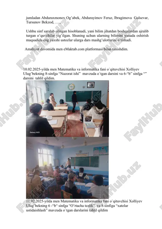 hkin. “yevgeniy onegin” romani. asar matni bilan ishlash. muhokama qilish mavzuda o`tgan darsini tahlil qildim. 24.02.2025-yilda men matematika va informatika fani o`qituvchisi xolliyev ulug’bekning 6-‘’b’’ sinfga “o’rtacha tezlik” va 7-“a” sinfga “uchburchak ichki burchaklari yig’indisi” mavzuda o`tgan darsini tahlil qildim. bugun jumma “milliy liboslar “ kuni ham hisoblanadi shu kun munosabati bilan barcha o’quvchilarimiz milliy liboslarda darsga kelishdi. 03.03.2025-yilda men matematika va informatika fani o`qituvchisi xolliyev ulug’bekning 6 - “b” sinfga “ikkita jism harakatiga doir matnli masalalar” va 7-“a” sinfga “to’g’ri burchakli uchburchaklar . masalalar yechish” mavzuda o`tgan darsini tahlil qildim. 04.03.2025-yilda men matematika va informatika fani o`qituvchisi xolliyev ulug’bekning 6-“a’’sinfiga “ikkita jism harakatiga doir matnli masalalar ” mavzuda o`tgan darsini tahlil qildim. bugun dushanba “milliy liboslar “ kuni ham hisoblanadi shu kun munosabati bilan barcha o’quvchilarimiz milliy liboslarda darsga kelishdi. 07.04.2025-yilda men matematika va informatika fani o`qituvchisi xolliyev ulug’bekning 6- “b” sinfga “ikkita jism harakatiga doir masalalar’’ mavzuda o`tgan …
