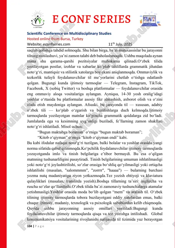 tufayli foydalanuvchilar til me’yorlarini chetlab oʻtishga odatlanib qolgan. bugungi kunda ijtimoiy tarmoqlar — telegram, instagram, tiktok, facebook, x (sobiq twitter) va boshqa platformalar — foydalanuvchilar orasida eng ommaviy aloqa vositalariga aylangan. ayniqsa, 14-30 yosh oralig‘idagi yoshlar o‘rtasida bu platformalar asosiy fikr almashish, axborot olish va o‘zini ifoda etish maydoniga aylangan. afsuski, bu jarayonda til — xususan, adabiy oʻzbek tili — koʻplab oʻzgarish va buzilishlarga duch kelmoqda.ijtimoiy tarmoqlarda yozilayotgan matnlar ko‘pincha grammatik qoidalarga zid bo‘ladi. jumlalarda ega va kesimning uyg‘unligi buziladi, fe’llarning zamon shakllari noto‘g‘ri ishlatiladi. misol uchun: “bugun maktabga boraman” oʻrniga “bugun maktab boraman”; “kitob o‘qiyman” oʻrniga “kitob o‘qiyman endi” kabi. bu kabi ifodalar nafaqat noto‘g‘ri tuzilgan, balki bolalar va yoshlar orasida yangi norma sifatida qabul qilinmoqda.ko‘pchilik foydalanuvchilar ijtimoiy tarmoqlarda yozayotganda imlo va tinish belgilariga e’tibor bermaydi. bu esa o‘qilgan matnning tushunarliligini pasaytiradi. tinish belgilarining umuman ishlatilmasligi yoki noto‘g‘ri joylashtirilishi, so‘zlar orasiga bo‘shliq qo‘yilmasligi yoki ortiqcha ishlatilishi (masalan, "salommmm", "zorrrr", …