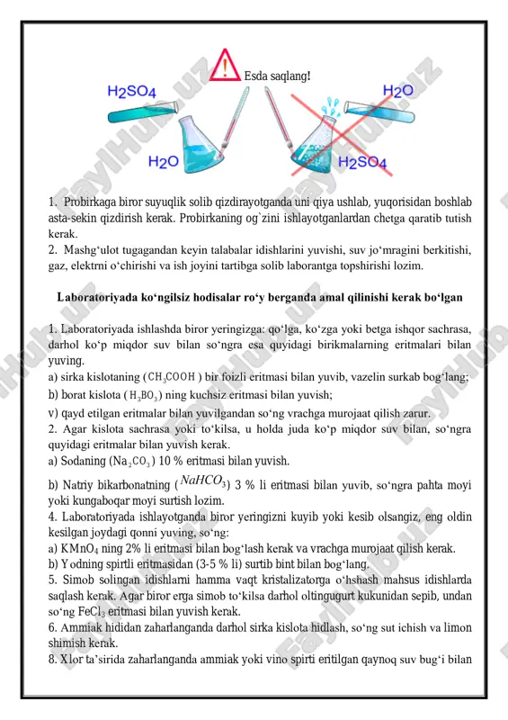 limon shimish kerak. 8. xlor ta‟sirida zaharlanganda ammiak yoki vino spirti eritilgan qaynoq suv bug„i bilan nafas oling. 10. azot oksidlari (no, no2), sulfat angidrid va metan (ch4) gazlaridan zaharlanganda darhol toza havoga chiqish, so„ngra vrachga murojaat qilish kerak. 11. laboratoriyada ishlash qoidalarini puxta o„zlashtirmagan talabaga laboratoriyada ishlashga ruxsat etilmaydi! 12. idishlardagi gazni yaqin turib hidlamang. gazni hidlash zarur bo„lsa, ehtiyot bo„lib havoni qo„lingiz bilan idish og„zidan o„zingizga tomon yelpitib hidlang. 13. suyuqlik qizdirilayotgan idish ustiga engashib qaramang, suyuqlik sachrashi mumkin. 14. laboratoriyadan ketishdan oldin gaz gorelkalarining jo„mraklari bekikligini ko„zdan kechiring. kimyo laboratoriyasda ishlatiladigan jixozlar va shisha idishlar konussimon probirkalar oddiy probirka o‘lchov pipetkalar voronka stakan chinni havoncha kristalizator retarta konussimon kolba eksikator o`lchov kolbasi bunzen kolbasi tubi yumaloq kolba vyurs kolbasi yoqish uchun qoshiqcha byuretkalar petri chashkasi menzurka qaytar sovutgich spirtovka kipp apparati shtativ 2- laboratoriya ishi anorganik birikmalarning olinish va xossalari ishning maqsadi : anorganik birikma sinflari: oksid, …