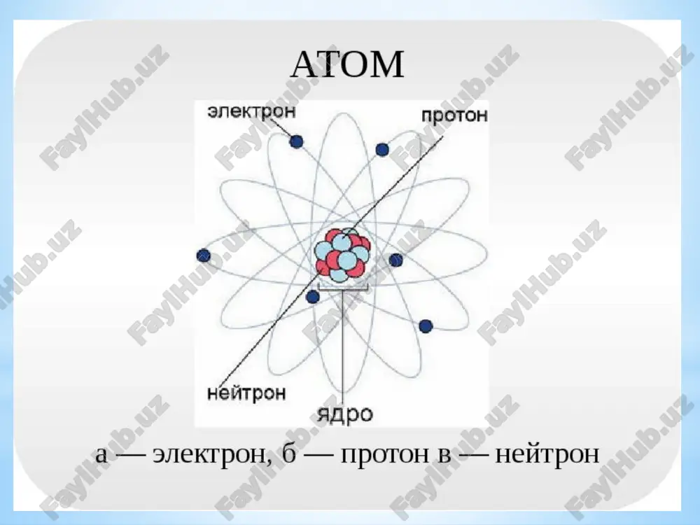 vatlarga o‘tishi mumkin. ya'ni, yadro atrofidagi elektron bulutlari, o‘zaro ajratilgan bir nechta qatlamdan iborat elektron qavatlarni tashkil qiladi. elektron manfiy zaryadlangan barkaror elementar zarracha. barcha moddalarning atomlaridagi elektron qobiqlar elektronlardan tashkil topgan. elektronlarning sfera markaziga nisbatan tebranganda, atom yorug’lik yorugʻlik — inson koʻzi sezadigan tebranish chastotasi elektromagnit toʻlqinlar. nurlantiradi. tosmon, elektronlar sfera markazi atrofida qatlam bo’lib guruhlanadi, deb hisobladi. bu, agar 15 duymli snaryadni bir varaq papiros qogʻoziga otganingizda, snaryad qogʻozdan qaytib kelib, sizga tekkanidek, aql bovar qilmaydigan hol edi – deb keyinchalik eslagan edi rezerford. α-zarrachalarning sochilishiga oid tajribalar shuni yaqqol koʻrsatdiki, atomning butun massasi juda kichik hajmda – atom yadrosida toʻplangan boʻlib, uning diametri atom diametridan 10 000 marta kichikdir. koʻpchilik α-zarralar ogʻir yadro yonidan, unga tegib ketmasdan uchib oʻtadi, biroq bunda u orqaga «sakrab ketishi» mumkin. rezerford tajribalari atomning yadro modeli ni yaratish uchun asos boʻldi. bu model bizning atom tuzilishi haqidagi bugungi tasavvurlarimizni ifodalaydi. atom markazida …