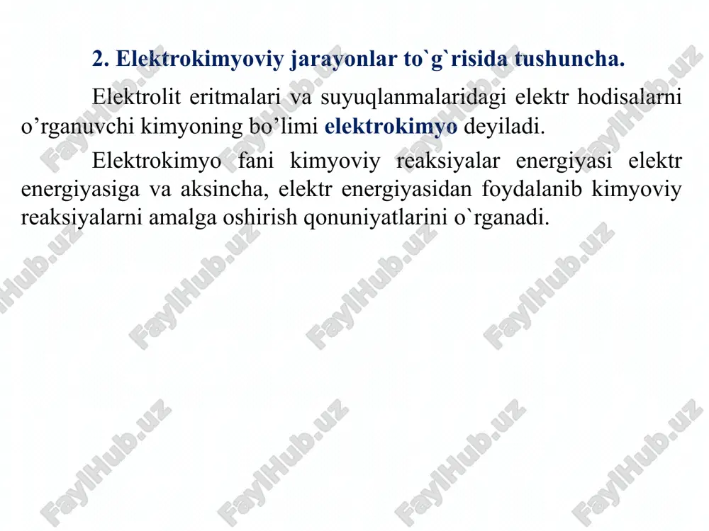 viy reaksiya energiyasidir. xix- asrning 60- yillarida dinamomashinalar kashf etilishi natijasida galvanik elementlar elektr manbalari sifatida o`z ahamiyatini yo`qotdi. xx- asrda yarimo`tkazgichli radiotexnik qurilmalar, mikroelektronika asbob-uskunalari (masalan, kalkulyatorlar), kosmik texnikalarning paydo bo`lishi, xxi- asrga kelib mobil aloqa vositalari va elektromobillarning keng foydalanishga joriy etilishi natijasida galvanik elementlar (masalan, litiy ionli elementlar)ga bo`lgan qiziqish yanada kuchaydi. metallarning elektrod potensiali biror metall plastinka (tayoqcha yoki silindr)ni suvga yoki tuz eritmasiga tushirilsa, metall sirtidagi atomlarning bir qismi oksidlanib, ion holatida eritmaga yoki eritmadagi ionlarning bir qismi qaytarilib, atom holatida metall yuzasiga o’tadi. har ikkala holatda ham metall va eritma chegarasida qarama-qarshi zaryadlardan iborat elektr qavat va unga mos keluvchi potensiallar ayirmasi, ya`ni kuchlanish paydo bo’ladi. faol metallarning kationlari li+, cs+, rb+, k+, ba2+, sr2+, ca2+, na+, mg2+, be2+, al3+ kamroq faol metallarning kationlari mn2+, cr3+, zn2+, ga3+, fe2+, cd2+, in3+, tl+, co2+, ni2+, mo4+, sn2+, pb2+ faol bo'lmagan metallar kationlari bi3+, cu2+, ag+, …