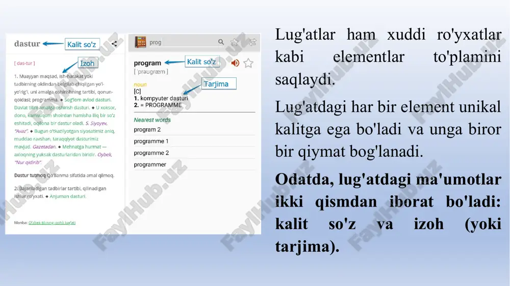i qaytaradi. lug'at elementlarini ko'rib chiqish d = {" x" : 1, " u" : 2, "z" : 3} for key in d.keys( ) : # keys () metodidan foyadalanish print( "({0} => {i}) ".format (key, d[key] ), end=" ") # natija: (u => 2) (x => 1) (z => 3) print () # satr tashlash for key in d: # lug’at ham iterasiyani qo’llaydi print ("({0} => {1 })".format (key, d[key] ), end=" ") # natija: (u => 2) (x => 1) (z => 3) lug'atlar bilan ishlash metodlari keys() – lug'atning barcha kalitlarini o'z ichiga olgan dict_keys ob'ektini qaytaradi. misol: >>> d1, d2 = { "a" : 1 , "b" : 2}, { "a" : 3 , "s" : 4, "d" : 5 } >>> d1.keys() , d2.keys () # dict_keys obyektini olamiz (dict _ keys ( ['a' , 'b' ]) , dict _ keys (['a' , ' …