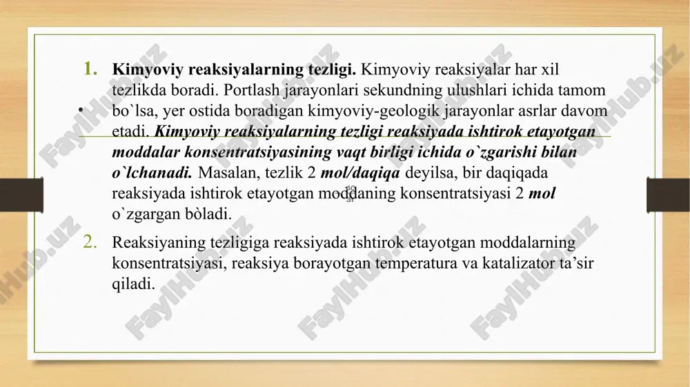 alar bilan oraliq birikmalarni yoki koordinasion komplekslarni hosil qilib, ularning aktivlanish energiyasini kamaytiradi. natijada aktiv to’qnashuvlar soni ko’payadi va reaksiya tezligi ortadi. lekin har bir reaksiyani o’z katalizatori bor. bir reaksiyani tezlashtirgan katalizator boshqa reaksiyaga to’g’ri kelmasligi mumkin. katalizator ishtirokidagi jarayon (kataliz deyiladi) gomogen yoki geterogen bo’lishi mumkin. gomogen katalizda reaksiyaga kirishuvchi moddalar va katalizator bir xil fazada bo’ladi, masalan hamma moddalar gaz holatida yoki eritmada bo’ladi. gomogen kataliz nazariyasiga ko’ra reaksiyaga kirishuvchi moddalardan birortasi katalizator bilan oraliq, ba’zan esa kompleks birikmalarni hosil qiladi. bu oraliq modda ikkinchi modda bilan ta`sirlashadi va reaksiya mahsuloti hosil bo’ladi. katalizator boshlang’ich holatda ajralib chiqadi. oltingugurt (iv)– oksidini oksidlanish reaksiyasi faqat katalizator ishtirokida sodir bo’ladi. oksid va kislorod – gaz, gazsimon katalizator, masalan azot (ii)– oksidi qo’llanilganda gomogen kataliz sodir bo’ladi: (umumiy reaksiya); 1 – bosqich: 2 – bosqich: geterogen katalizda reaksiyaga kirishuvchi moddalar va katalizator har xil fazada bo’ladi. geterogen kataliz nazariyasiga ko’ra …