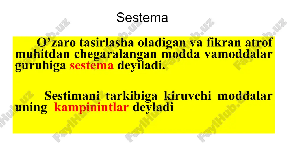 iqdori gidratlanish issiqligi deyiladi entiropiya betartib harakat mayda zarrachalar, molekulalar, atomlar, ionlar uchun xos bo‘lgan xususiyatdir. masalan, kislorod to‘latilgan idishni azot gazi to‘latilgan idish bilan tutashtirilsa, bu gazlar har ikkala idishda azot tekis taqsimlangunicha aralashib ketadi. bu jarayon energiya o‘zgarishisiz o‘z-o‘zicha boradi. bunda tizim tartibli holatdan betartib holatga o‘tadi, chunki tabiatda har qanday tizim o‘zining tartibsizligini oshirishga intiladi, teskari jarayon, ya’ni gazlarning dastlabki holatiga qaytishi o‘z-o‘zidan sodir bo‘lmaydi. betartiblikni miqdor jihatidan ifodalovchi holat funksiyasi entropiyadir. ekzotermik reaksiya ekzotermik reaksiyalar – issiqlik ajralishi bilan boradigan reaksiyalar. ekzotermik so`zi yunonchadan olingan bo`lib, “ekzo” tashqariga, “termos” issiqlik degan ma’noni anglatadi. shunga ko`ra, hosil bo`lgan modda ekzotermik modda deyiladi. bunda kimyoviy energiya issiqlik energiyasiga aylanadi. galvanik elementlarda kimyoviy energiya elektr energiyasiga aylanadi. portlash jarayonida kimyoviy energiya issiqlik energiyasi bilan mexanik ishga aylanadi. fosfor shu’lalanganda nur energiyasi ajralib chiqadi va hokazo. ekzotermik reaksiyalar tenglamalari quyidagi tartibda yoziladi. a + b = c – h. bunda …
