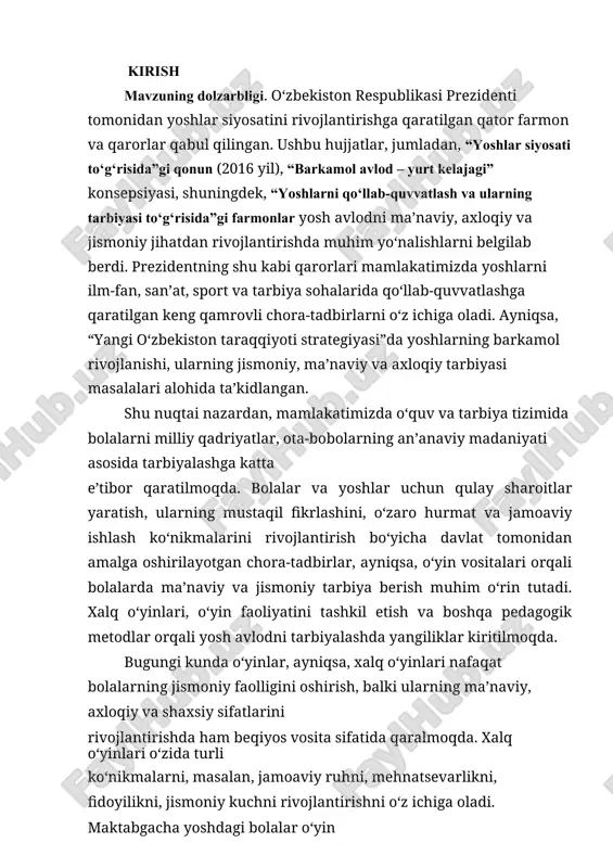 fidoyilik tarbiyasi bugungi kunda nafaqat pedagogik, balki ijtimoiy va ma’naviy-axloqiy masala sifatida dolzarbdir. o‘yinlar orqali bolalar birgalikda ishlashni, o‘zaro yordamni, adolatli bo‘lishni o‘rganadilar va shu bilan birga, fidoyilik, jasorat, mehnatsevarlik kabi sifatlarni ham o‘zida shakllantiradilar. xalq o‘yinlarining o‘tkazilishi orqali bolalar jamiyatda o‘z o‘rnini topish, to‘g‘ri yo‘lni tanlash, boshqalar bilan birgalikda ishlashni o‘rganadilar. bu, o‘z navbatida, jamiyatda o‘z burchini anglagan, fidoyi, jamiyat manfaatlarini o‘zgalar manfaatlaridan ustun qo‘yadigan avlodni tarbiyalashga olib keladi. o‘yin vositasida fidoyilikni tarbiyalashda milliy qadriyatlar va an’anaviy madaniyatni hisobga olish zarur. milliy o‘yinlar, o‘z navbatida, bolalarni milliy madaniyatga, qadriyatlarimizga, ota-bobolarimizning tarbiyaviy tajribalariga nisbatan hurmatni shakllantirishga yordam beradi. xalq o‘yinlarida ishtirok etish bolalarni jamiyatning ajralmas qismi sifatida kamolotga yetkazadi, ular o‘zaro muloqotda bo‘lishni, fidoyilikni rivojlantirishni o‘rganadilar. xulosa qilib aytganda, o‘yin vositasida fidoyilik tarbiyasi bugungi kunda bolalarga nafaqat jismoniy, balki axloqiy, ma’naviy va ijtimoiy tarbiya berishda katta ahamiyat kasb etadi. xalq o‘yinlari bolalar uchun mukammal tarbiya vositasi bo‘lib, ularga fidoyilik, jamoa …
