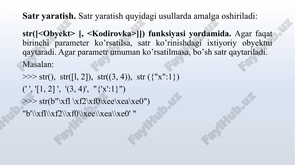 n\t") (6, 3, 6) endi, for sikli yordamida barcha belgilarni saralab chop etamiz: >>> s = "python" >>> for i in range (len(s)): print (s [i], end=" ") natija: p y t h o n format() metodi bundan tashqari formatlash uchun format () operatoridan foydalanish mumkin. u quyidagi formatda beriladi: = . format (*args,**kwargs) parametri { va } belgilari ichida ko’rsatiladi va quyidagi sintaksisga ega: {[ ] [! ] [: ] } belgilar registrini o'zgartirish belgilar registrini o’zgartirish uchun quyidagi metodlardan foydalaniladi: upper() – satrdagi barcha belgilarni katta harfga o’tkazish: >>> print ("satr".upper()) satr lower() – satrdagi barcha belgilarni kichik harfga o’tkazish: >>> print("satr".lower()) satr belgilar registrini o'zgartirish swapcase ( ) – satrdagi barcha kichik harflarni katta harfga katta harflarni kichik harfga o’tkazish: >>> print("satr satr". swapcase ()) satr satr capitalize() – satrdagi birinchi harfni katta harfga o’tkazadi: >>> print("satr satr".capitalize()) satr satr title() – satrdagi har bir so’z boshidagi …