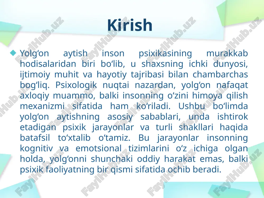 chiqamiz. bu belgilar yolg‘onning "yashirin izlari" bo‘lib, ularni tushunish psixofiziologik diagnostikani kuchaytiradi. nutqdagi belgilar (tovush, pauza, so‘z tanlovi). yolg‘on aytish vaqtida nutqda sezilarli o‘zgarishlar yuzaga keladi. birinchi belgi – tovushdagi titroq va balandlik o‘zgarishi. stress ostida simpatik nerv tizimi faollashib, ovoz paydo bo‘ladi, chunki miya "jang yoki qochish" reaktsiyasini ishga tushiradi. tadqiqotlar shuni ko‘rsatadiki, yolg‘onchi ovozini balandlatib yoki pastlatib gapiradi, bu emotsional hayajonni aks ettiradi. ikkinchi belgi – pauzalar va to‘xtab qolishlar. yolg‘onni "tuzish" vaqtida miya qo‘shimcha vaqt talab qiladi, shuning uchun nutqda uzoq pauzalar paydo bo‘ladi yolg‘onni aniqlash usullari yolg‘onni aniqlash psixologiya va texnologiyaning kesishmasida joylashgan soha bo‘lib, u shaxsning xavfsizligi va ijtimoiy ishonchni ta’minlaydi. quyida kuzatish va xulq-atvor tahlili, psixologik testlar va intervyular, poligraf prinsipi hamda zamonaviy texnologiyalar orqali aniqlash usullarini batafsil yoritamiz. bu usullar yolg‘onni ilmiy asosda ochishga imkon beradi. kuzatish va xulq-atvor tahlili. eng oddiy va samarali usul – kuzatishdir. psixologlar shaxsning xulq-atvorini tahlil qilib, yolg‘on …