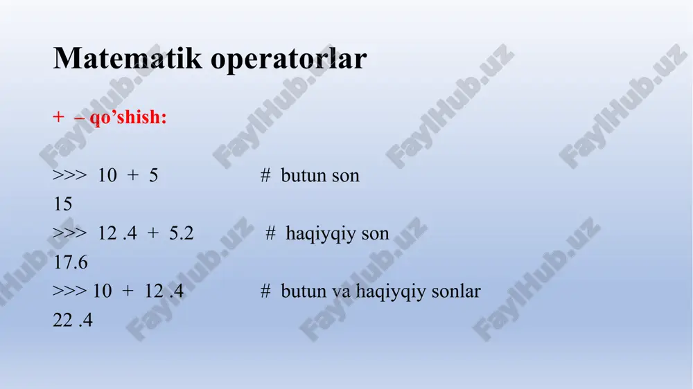 s" * 20 # satr 'ssssssssssssssssssss' >>> [1, 2]* 3 # ro’yxat [1, 2, 1, 2, 1, 2] >>> (1, 2) * 3 # kortej (1, 2, 1, 2, 1, 2) sonli ketma-ketliklar bilan ishlash operatorlari in – tegishlilikka tekshirish. agar element sonli qator tarkibida bo’lsa natija sifatida true ni qaytaradi: >>> "satr" in "qidirish uchun satr" # satr true >>> "2-satr" in "qidirish uchun satr" # satr false >>> 2 in [1, 2, 3], 4 in [1, 2, 3] # ro’yxat (true , false) >>> 2 in (1 , 2, 3), 6 in (1, 2, 3) # kortej (true , false) sonli ketma-ketliklar bilan ishlash operatorlari not in – tegishli emaslikka tekshirish. agar element sonli ketma-ketlik tarkibida bo’lmasa true natija qaytaradi: >>> "satr" not in "qidirish uchun satr" # satr false >>> "2-qator" not in "qidirish uchun satr" # satr true >>> 2 not in [1, 2, 3], 4 …