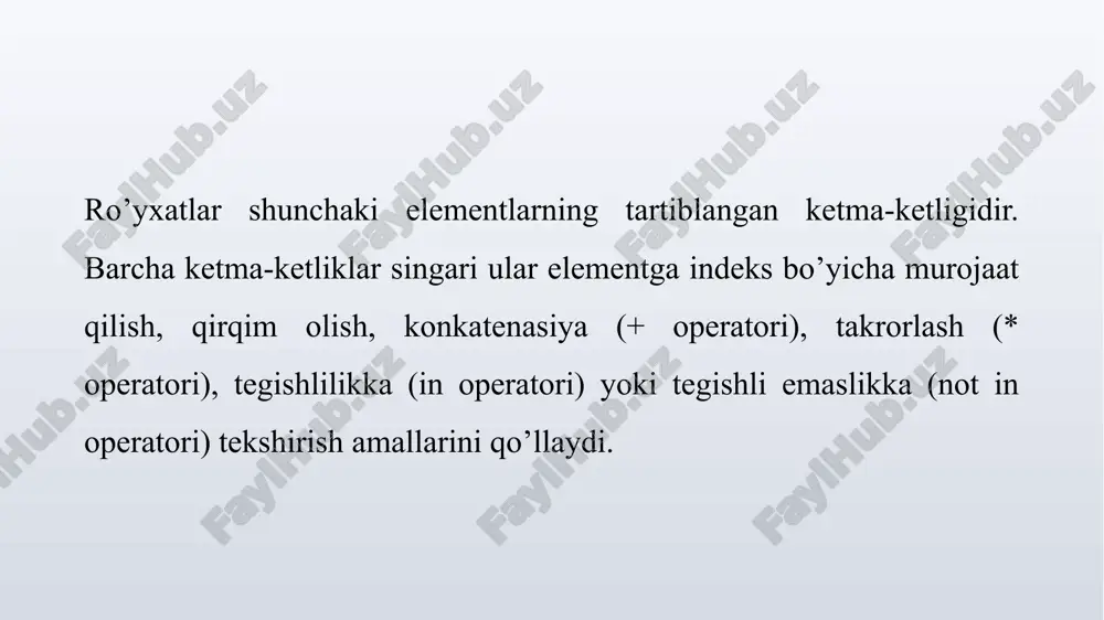 ekslar yoziladi. masalan: >>> arr = [[1, ["a", "b"], 3], [4, 5, 6] , [7, 8, 9] ] >>> arr [0] [1] [0] 'a' ro’yxat elementlarini saralash ro’yxatning barcha elementlari bo’ylab yurib chiqish uchun for operatoridan foydalanish mumkin: >>> arr [1, 2, 3, 4, 5] >>> for i in arr: print (i, end=" ") 1 2 3 4 5 yodda tutish kerakki, i o’zgaruvchisi sikl ichida o’zgarishi mumkin, biroq u o’zgarnmas tipni ko’rsatsa (masalan son yoki satrni) elementlarni o’zgartira olmaydi: >>> arr = [1, 2, 3, 4] # o’zgarmas tipli elementlar (son) >>> for i in arr: i += 10 >>> arr # ro’yxat o’zgarmaydi [1, 2, 3, 4] har bir elementni ko’rsatish masalan, indeks bo’yicha generasiyalash uchun range () funksiyasidan foydalaniladi. funksiya obyekt-diapazon qaytaradi, iterasiyanni qo’llab-quvvatalaydi. for sikli ichida joriy iondeksni olish mumkin. range () funksiyasi quyidagi formatga ega: range ([ , ] [, ]) birinchi parametrda boshlang’ich qiymat …