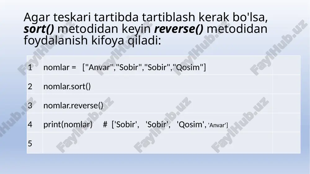 akligini bildiruvchi indeks nomerlari beriladi; list(start:end:step) - start, end, step parametrlar orqali ro'yxatning start dan end gacha bo'lgan elementlarini step qadam bilan ko'chirish kerakligini bildiruvchi qiymatlar beriladi. step parametrning kelishuv bo'yicha qiymati 1 ga tengdir. ro'yxatlarni birlashtirish. ro yxatlarni birlashtirish uchun (+) amali qo llaniladi: 1 vil1 = ["toshkent", "xorazm", 'buxoro'] 2 vil2 = ['navoi', 'jizzax'] 3 vil = vil1 + vil2 4 print(vil) ichma - ich joylashgan ro'yxatlar. ro'yxat elementlari son, satr kabi oddiy turdagi qiymatlargina bo'lib qolmay, balki ro'yxatni ham ifodalashi mumkin. odatda bunday ro'yxatlardan jadvallar bilan ishlashda ko'p foydalaniladi. ushbu holatda tashqi ro'yxatning har bir elementi jadvaldagi bitta qatorni ifodalovchi ro'yxatdan iborat bo'ladi: 1 ishchilar = [ 2 [ "tolib" , 33], 3 [ "akmal", 30], 4 [ "botir", 27] ] 5 print(ishchilar[0]) # ["tolib", 33] 6 print(ishchilar[0][0]) # tolib 7 print(ishchilar[0][1]) # 33 bu erda ichki ro yxatni elementiga murojaat qilish uchun [][] indekslar juftligidan foydalanilgan. …