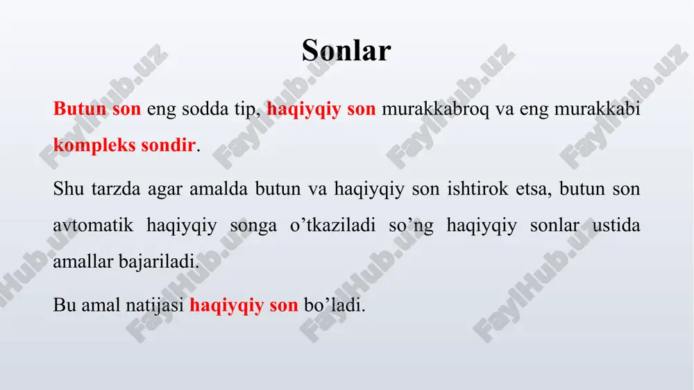 sonlarni satr ko’rinishida taqdim qilinadi. masalan: >>> oct(7), oct(8), oct(64) ('0o7 ' , '0ol0 ' , '0ol00' ) hex ( ) - o’nlik sonni o’n oltilik songa o’tkazish. sonlarni satr ko’rinishida taqdim qilinadi. masalan: >>> hex (l0) , hex(l6) , hex (255) ('0xa' , '0xl0' , '0xff ') sonlar bilan ishlashning tashqi funksiya va metodlari round ( [, ]) – kasr qismi 0.5 dan kichik bo’lsa sonni o’zi, katta bo’lsa eng yaqin katta songa aylantiriladi. agar kasr qismi 0.5 ga teng bo’lsa, eng yaqin juft songa aylantiriladi. masalan: >>> round (0.49), round (0.50), round(0.51) (0, 0, 1) >>> round (1.49), round(l.50), round (l.51) (1, 2, 2) >>> round (2.49), round(2.50), round(2.51) (2, 2, 3) >>> round(3.49), round(3.50), round(3.51) (3, 4, 4) sonlar bilan ishlashning tashqi funksiya va metodlari abs ( ) - sonning absolyut qiymatini qaytaradi: >>> abs (-10) , abs (l0) , abs (-12.5 ) (1 0, 10, 12 …