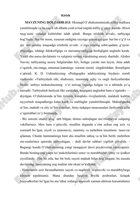 aql-zakovati bilan o’zini himoya qiladigan mustaqil, erkin qilib yaratilgan. shuning uchun tabiat hodisalari, jarayonlarini o’rganish ulardan yashash uchun oqilona foydalanish asosida insonlar sekin-asta madaniylashuvi, ijtimoiylashuvi asosida ma'naviy qadriyatlar shakllana boshlagan, rivojlana boshlagan. ilk davrlarda ta'lim yoshlarga, ota-onalarning yashash uchun tabiatdan foydalanishi, uy-ro’zqor yuritish, o’zaro va tabiatga munosabat axloqi, odobi sifatida shakllana boshlagan bo’lsa, bilimlar hajmi kengaya boshlagach, maxsus tarbiyachilarga ehtiyoj tug’ila boshlangan. ma'lum qabila, elat, millat miqyosidagi ta'lim-tarbiya qoidalari majmuasi kontseptsiyalarida ko’p hollarda alohida kishilar tomonidan takomillashtirilgan. shuning uchun ham ta'lim kontseptsiyalarida ma'lum muallifning nomi bilan bog’lanmaydi. bu borada prezidentimiz sh.mirziyoyev: “bukilmas iroda va jasorat na’munasini amalda namoyon etib, o’z hayotini aziz vatanimizning har tomonlama ravnaq topishi, bugungi tinch va osoyishta kunlar uchun jonini fido qilgan ajdodlarning xotirasini yod etib, ezgu ishlarini davom ettirish xalqimizga xos azaliy qadriyatdir”-degan fikrlarni aytib o’tgan. kurs ishi maqsadi: voyaga yetmaganlar jinoyatchiligi muammosining o‘ziga xos jixatlari o’rganish omillarini. kurs ishi ob’ekti: voyaga yetmaganlar jinoyatchiligi muammosining …