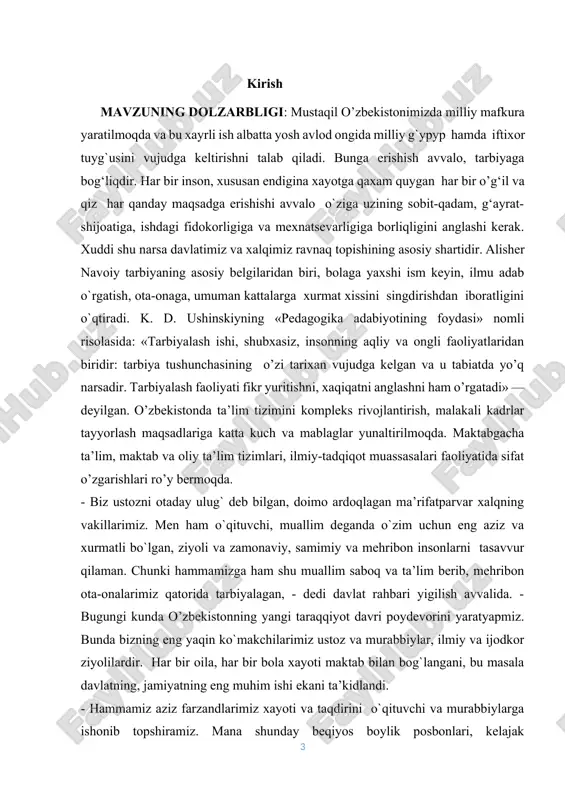 uli, siymosi inson o’z aql-zakovati bilan o’zini himoya qiladigan mustaqil, erkin qilib yaratilgan. shuning uchun tabiat hodisalari, jarayonlarini o’rganish ulardan yashash uchun oqilona foydalanish asosida insonlar sekin-asta madaniylashuvi, ijtimoiylashuvi asosida ma'naviy qadriyatlar shakllana boshlagan, rivojlana boshlagan. ilk davrlarda ta'lim yoshlarga, ota-onalarning yashash uchun tabiatdan foydalanishi, uy-ro’zqor yuritish, o’zaro va tabiatga munosabat axloqi, odobi sifatida shakllana boshlagan bo’lsa, bilimlar hajmi kengaya boshlagach, maxsus tarbiyachilarga ehtiyoj tug’ila boshlangan. ma'lum qabila, elat, millat miqyosidagi ta'lim-tarbiya qoidalari majmuasi kontseptsiyalarida ko’p hollarda alohida kishilar tomonidan takomillashtirilgan. shuning uchun ham ta'lim kontseptsiyalarida ma'lum muallifning nomi bilan bog’lanmaydi. bu borada prezidentimiz sh.mirziyoyev: “bukilmas iroda va jasorat na’munasini amalda namoyon etib, o’z hayotini aziz vatanimizning har tomonlama ravnaq topishi, bugungi tinch va osoyishta kunlar uchun jonini fido qilgan ajdodlarning xotirasini yod etib, ezgu ishlarini davom ettirish xalqimizga xos azaliy qadriyatdir”-degan fikrlarni aytib o’tgan. kurs ishi maqsadi: voyaga yetmaganlar jinoyatchiligi muammosining o‘ziga xos jixatlari o’rganish omillarini. kurs ishi ob’ekti: …