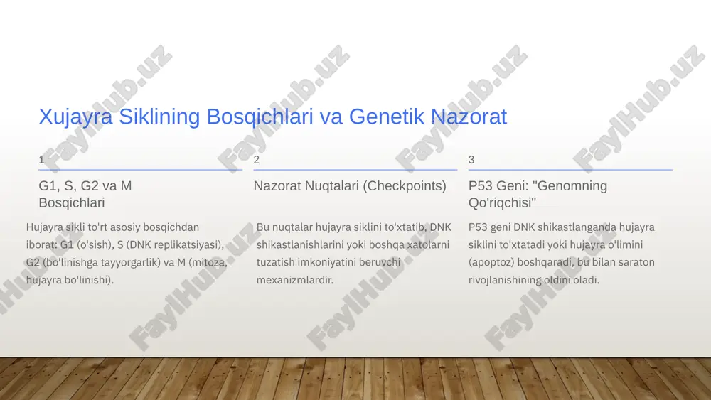 dividual genetik heterogenlik har bir saraton holati noyob genetik profilga ega bo'lib, 1 milliondan ortiq turli mutatsiyalar kuzatilishi mumkin. bu esa shaxsiylashtirilgan davolashni taqozo etadi. epigenetika epigenetik o'zgarishlar genetik kodni o'zgartirmasdan genlar faoliyatiga ta'sir qiluvchi epigenetik o'zgarishlar o'sma rivojlanishida muhim rol o'ynaydi va yangi davolash yo'llarini ochadi. gen terapiyasi gen terapiyasi va molekulyar dorilar kelajakda gen terapiyasi va maqsadli molekulyar dorilar yordamida o'smani genetik darajada nazorat qilish, kasallikni samarali davolash mumkin bo'ladi. 1.7.2013 9 ‹#› xulosa: genetika va molekulyar biologiya "rivojlanish va o'sma nazoratida kalit rol o'ynaydi" genetik bilimlar klinik amaliyotda saraton tashxisi va davolashni inqilobiy o'zgartirmoqda. xujayra sikli va genetik mutatsiyalarni chuqur o'rganish yangi terapiya yo'llarini ochadi. kelajakda shaxsiylashtirilgan tibbiyot va gen terapiyasi yordamida o'sma kasalliklarini samarali boshqarish mumkin bo'ladi. 1.7.2013 10 ‹#› image2.png image3.png image4.png image5.png image6.png image7.png image8.png image9.png image10.png image11.png image12.png image13.png image14.png image15.png image16.png image1.jpg /docprops/thumbnail.jpeg