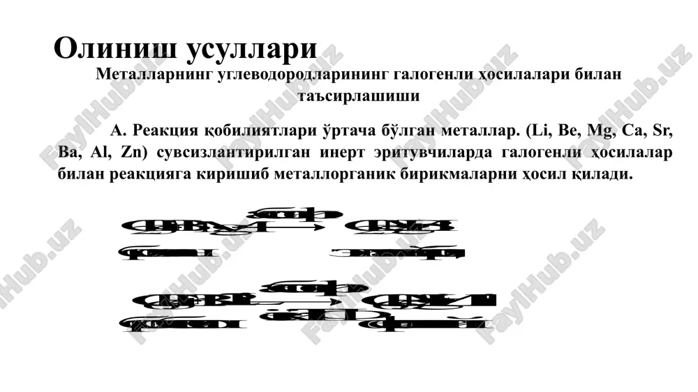 liligidan yuqori bo'lgan har qanday birikmadan protonni ajratish xossasiga ega va bu reaktsiya quyidagi umumiy sxema bo'yicha boradi: grinyar reaktivi reaktsiyalaridan kuchli asos sifatida sintetik maqsadlarda qo'llaniladi. masalan, grinyar reaktsiyasidan galogenalkan va galogenarenlarni uglevodorodlargacha qaytarish metodi sifatida qo'llaniladi. grinyar reaktivi yordamida deyterirlangan uglevodorodlarni sintez qilish mumkin: hamda alkinlarning metalli hosilalari olinadi: grinyar reaktivi singari litiyorganik birikmalar ham to'yingan uglevodorodlarga nisbatan kuchliroq bo'lgan barcha kislotalar bilan reaktsiyaga kirishadi: nukleofil almashinish reaktsiyalari. alkilmagniygalogenidlarning alkilgalogenidlar bilan reaktsiyasi sn2 mexanizm bilan sekin boradi. alkil va vinilmagniygalogenidlarning allil va benzilgalogenidlar bilan reaktsiyasi oson boradi: litiyorganik birikmalar ham alkilgalogenidlar bilan reaktsiyaga qiyin kirishadi, lekin mis tuzlari ishtirokida yaxshi boradi. litiy atsetilenidlari birlamchi galogenalkanlar bilan reaktsiyaga yaxshi kirishadi. nukleofil birikish reaktsiyalari. karbonil birikmalarda karbonil guruhining qutbliligi yuqori bo'lganligi sababli, aldegid va ketonlar grinyar reaktivi bilan reaktsiyaga faol kirishadi (reaktsiya adn mehanizmi bo'yicha boradi:) reaktsiya natijasida aralash magniy tuzlari hosil bo'ladi va kislotali sharoitda gidroliz qilib ulardan turli …