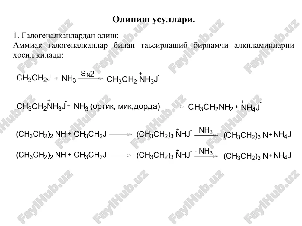 no + h 2 o uchlamchi aminlar esa shu kislotaning tuzini hosil qiladi: ( ch 3 ) 3 n + hono (ch 3 ) 3 n+ hno 2 birlamchi aminlar bilan xloroformning ishqorli spirt eritmasida gi reaktsiyasida qo'lansa hidli izonitrillar hosil bo'ladi: + rnh 2 + chcl 3 + oh rnc + 3 na 3 nacl 3 h 2 o bu reaktsiyadan birlamchi aminlarni sifat reaktsiyasi sifatida foydalaniladi. oksidlanishi. birlamchi aminlar oksidlanganda alkilgidroksilaminlar, nitrozobirikmalar va oxirida nitrobirikma hosil bo'ladi: r 3 cnh 2 r 3 cnhohr 3 cno r 3 cno 2 uchlamchi aminlar oksidlanganda esa u chlamchi aminlarning oksidlari hosil bo'ladi. diaminlar molekulasida ikkita amino guruh tutgan birikmalar diaminlar deb ataladi: h 2 nch 2 ch 2 nh 2 etilendiamin, 1,2-diaminoetan, 1,2-etan diamin h 2 nch 2 ch 2 ch 2 nh 2 trimetilendiamin, 1,3-diaminopropan, 1,3-propandiamin h 2 nch 2 ch ch 3 nh 2 1,2-diaminopropan, 1,2-propandiamin nh 2 …