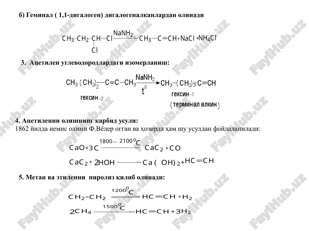 ran ( vn 3 ) uch bog'ga birikadi: masalan: alkinlarda nukleofil birikish reaktsiyalari ch 3 cch +c 2 h 5 oh koh 150 0 c , p ch 3 cch 2 oc 2 h 5 reaktsiya quyidagi mexan izm bo'yicha boradi: 1-bosqich –kuchli nukleofilning hosil bo'lishi c 2 h 5 oh + koh h 2 o c 2 h 5 o k + + kuchli nukleofil 2-bosqich-kuchli nukleofilning alkinga birikib karbanion hosil qilishi (reaktsiya tezligini belgilovchi bosqich): ch 3 c chc 2 h 5 o + x ch 3 c cho c 2 h 5 ch 3 cch oc 2 h 5 sekin 3-bosqich-karbanionni qarorli holga kelishi va alkoksid -ionning ajralishi: sh 3 cch oc 2 h 5 c 2 h 5 oh ch 3 cch 2 oc 2 h 5 + + c 2 h 5 o medlenno alkinlarning izomerlan ishi sh 3 (ch 2 )ccch 3 2 nanh …